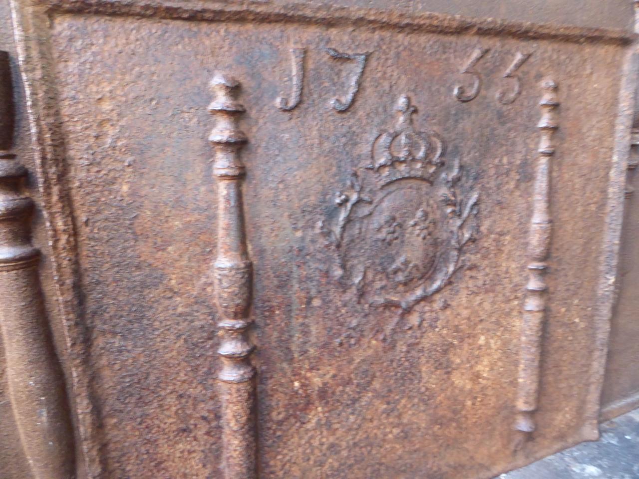 Iron French Fireback with Coat of Arms of France, Dates 1755