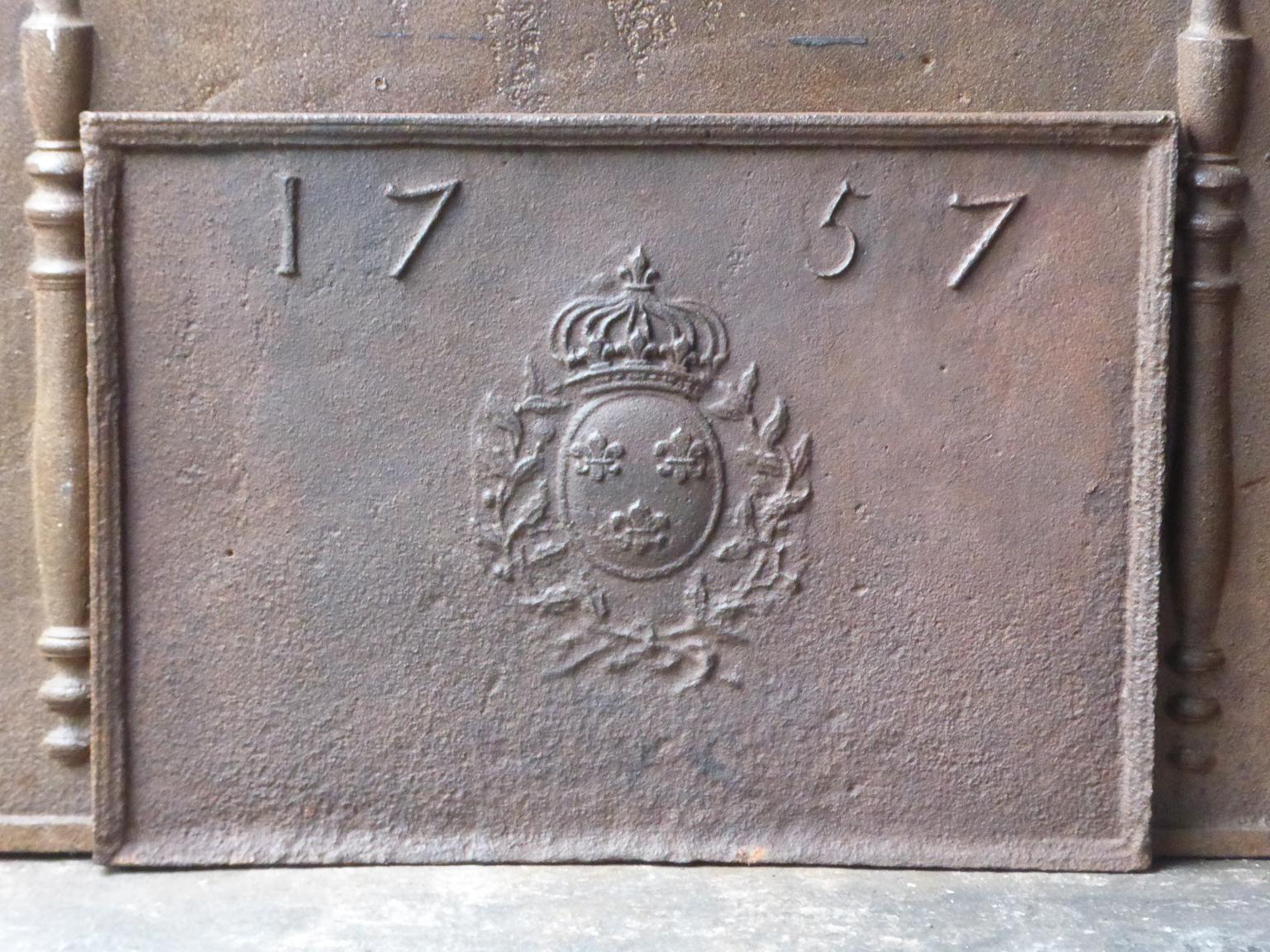 Louis XV French Fireback with Coat of Arms of France, Dated 1757