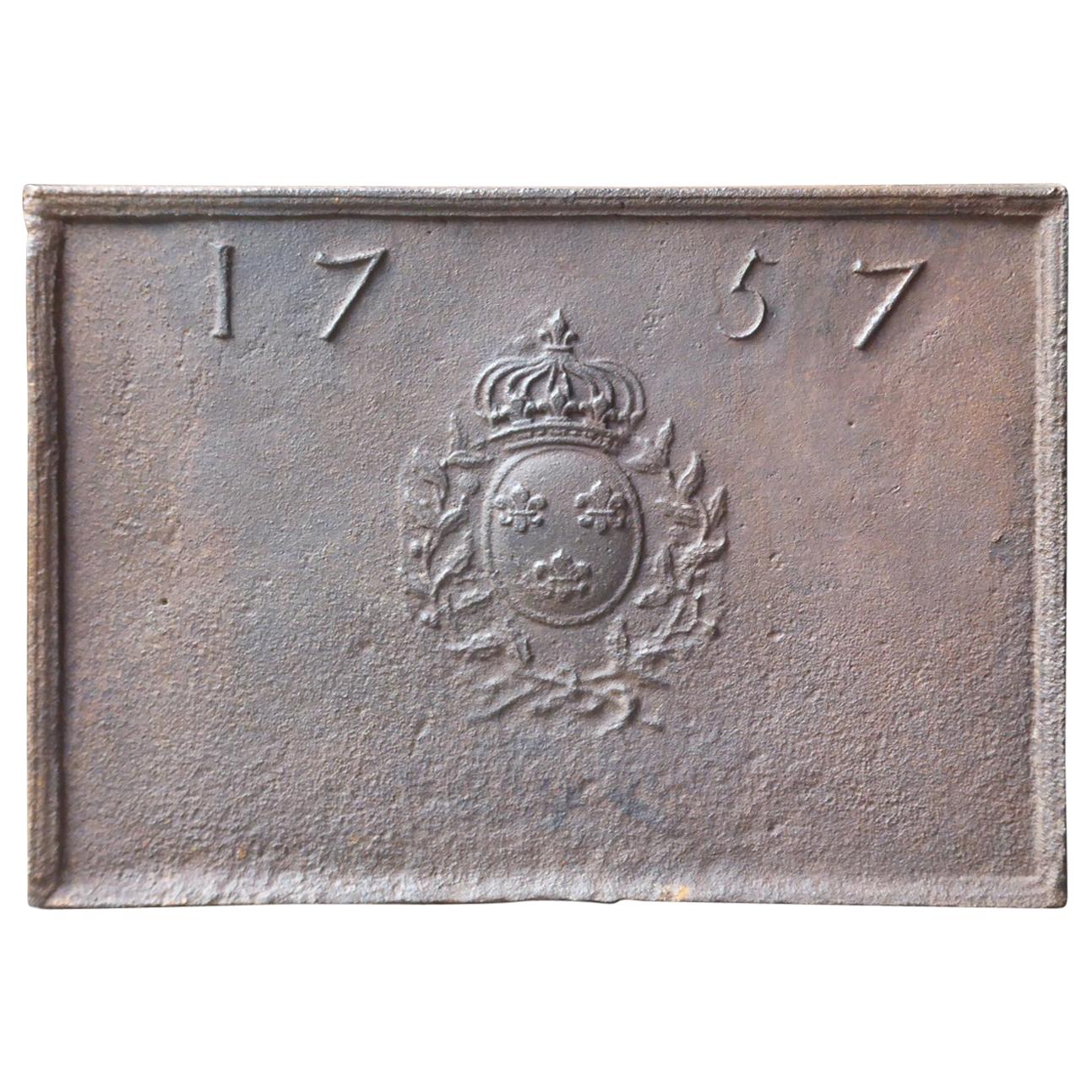 French Fireback with Coat of Arms of France, Dated 1757