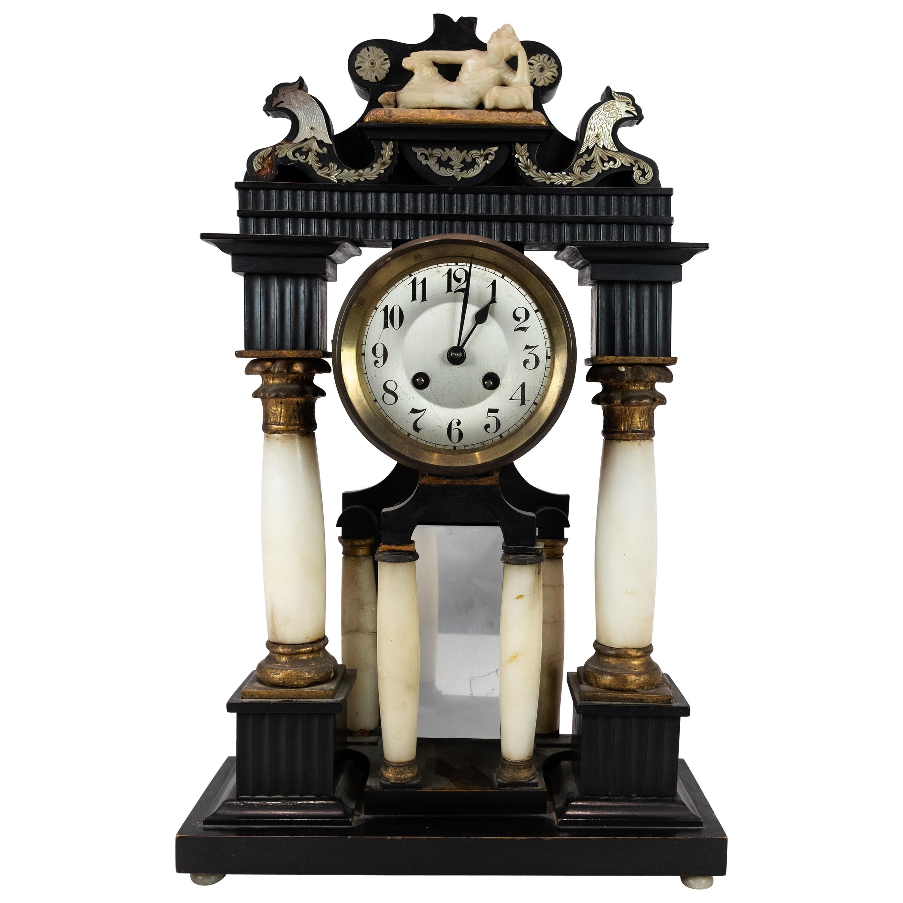 French Fireplace Clock of Marble, Bronze & Decorated With Ornaments From 1840s