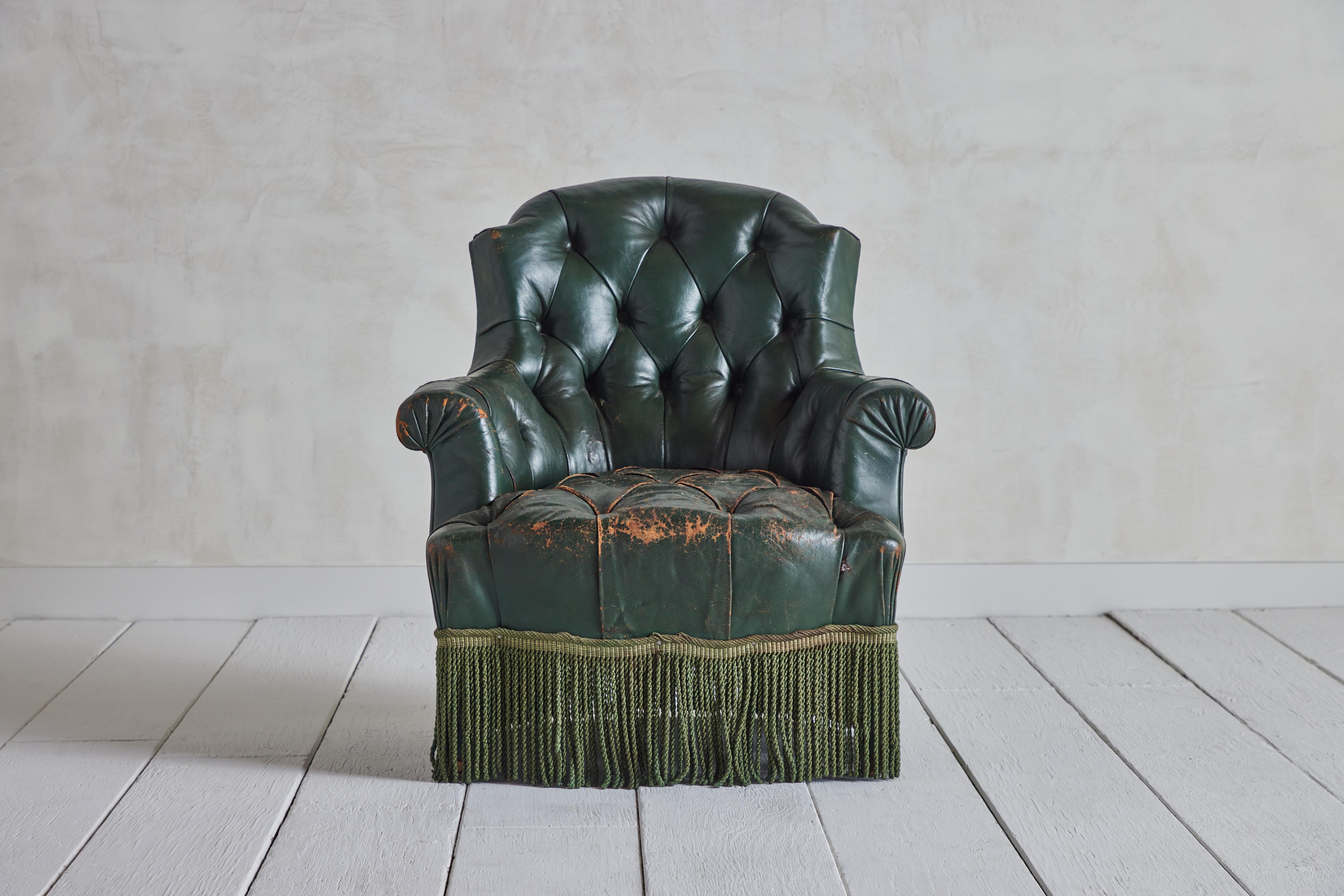20th Century French Fireside Leather Chair in Hunter Green
