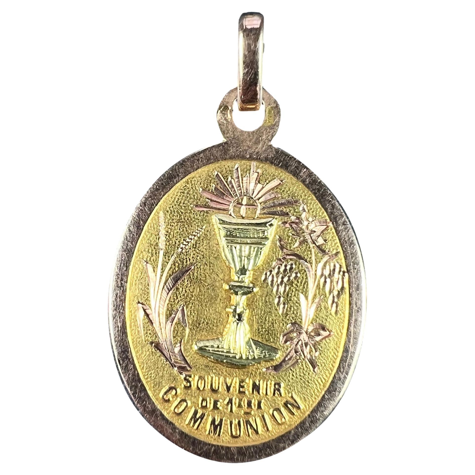 French First Communion 18K Rose Yellow Gold Medal Pendant For Sale