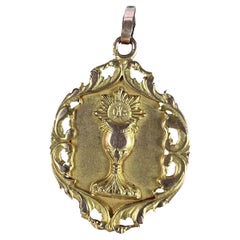 Vintage French First Communion Chalice IHS 18K Yellow Rose Gold Charm Pendant 