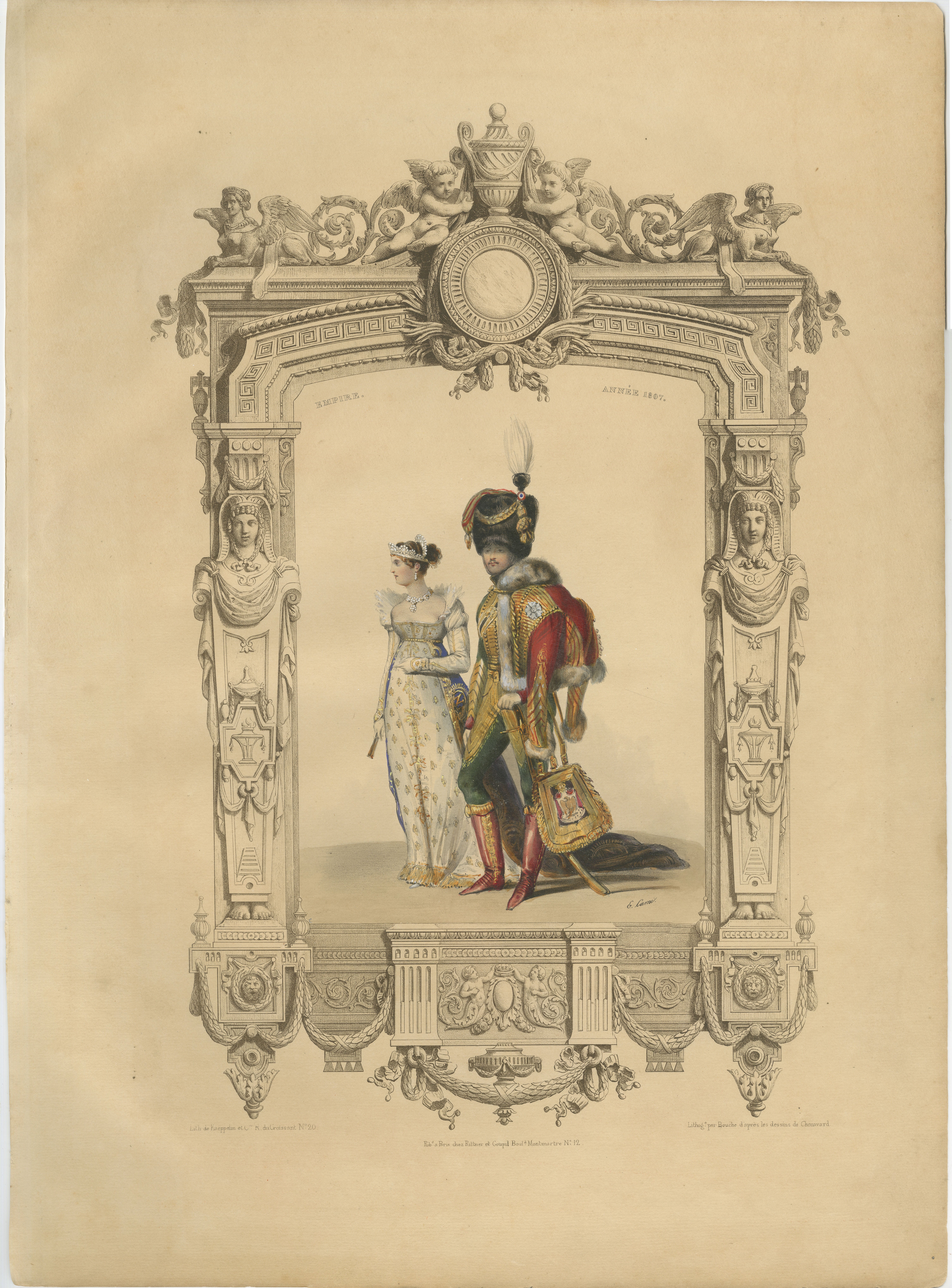 French First Empire Court Costume Lithograph, 1807 – Published 1847