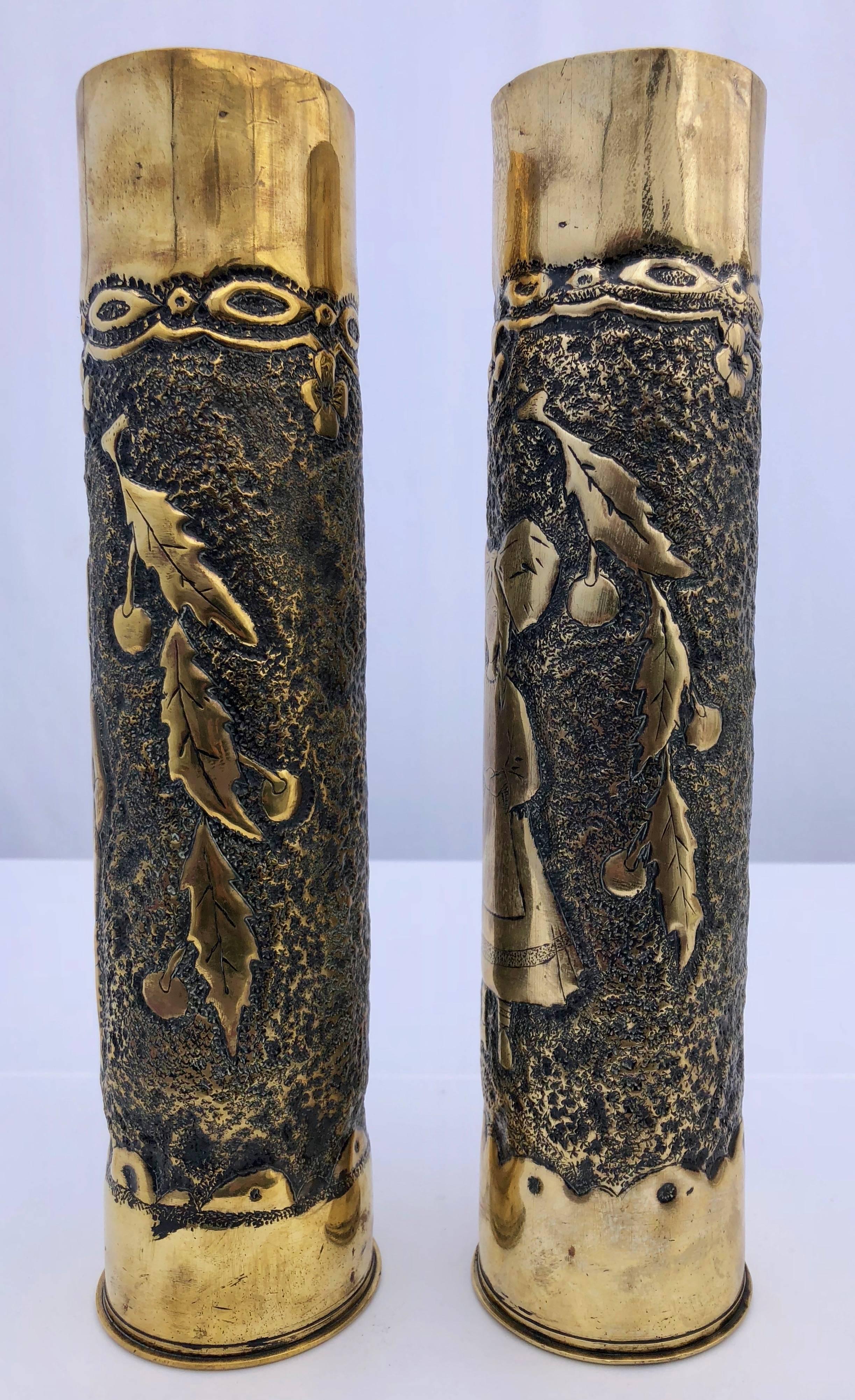 Art Nouveau French First World War Trench Art Two Brass Mortar Shell Vases of a Young Couple