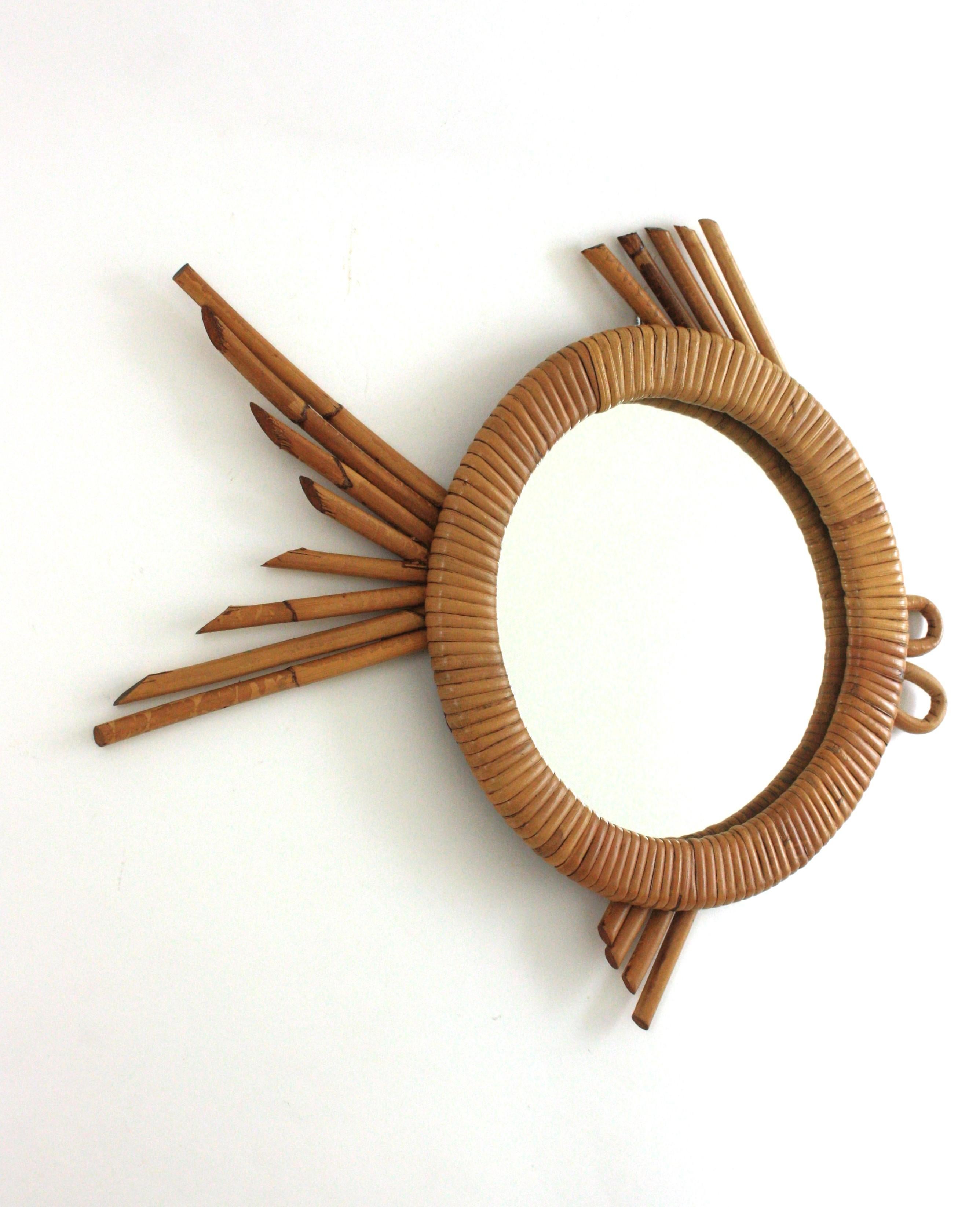 Mid-Century Modern French Fish Shaped Wall Mirror in Rattan, 1950 For Sale