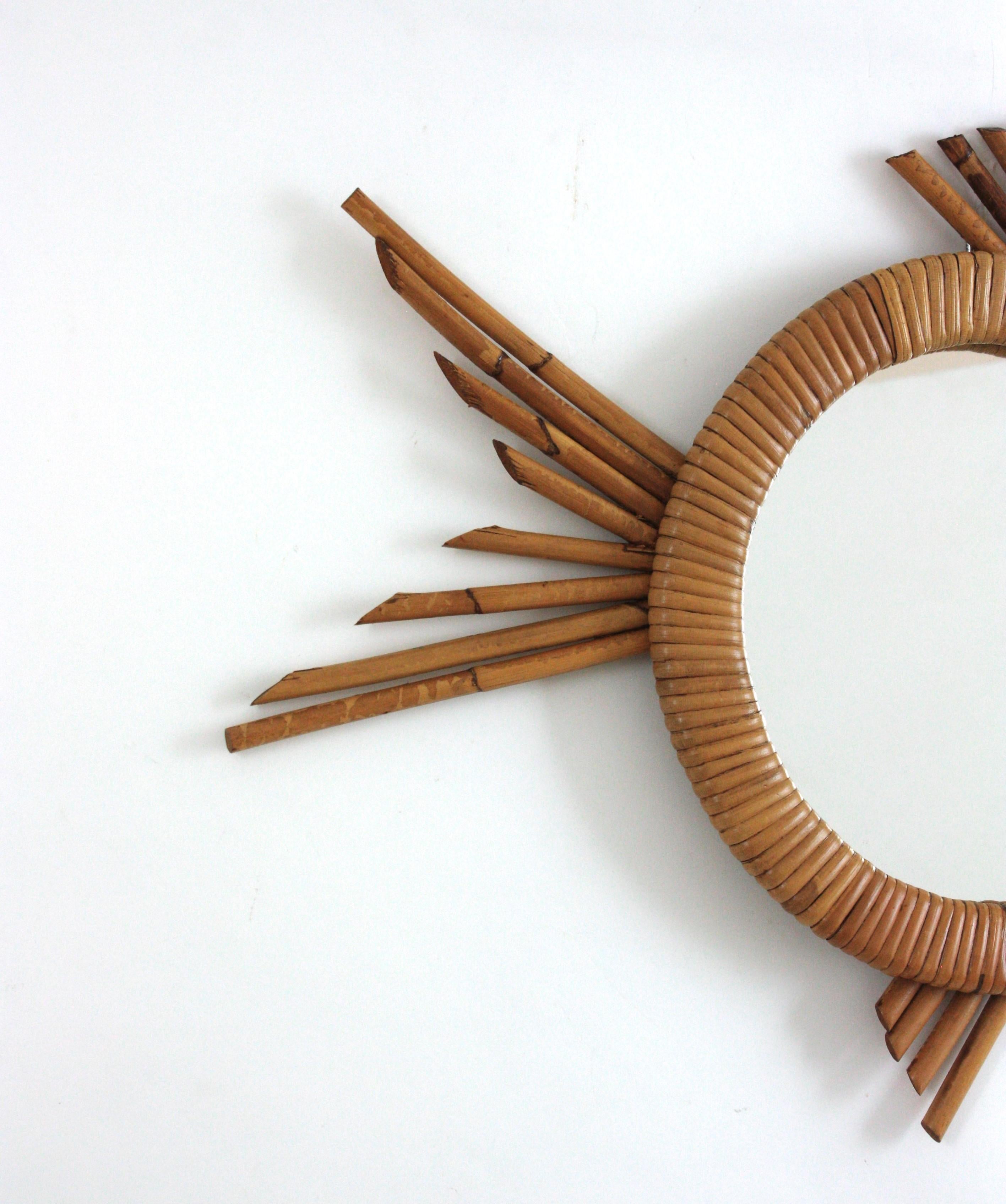 Hand-Crafted French Fish Shaped Wall Mirror in Rattan, 1950 For Sale