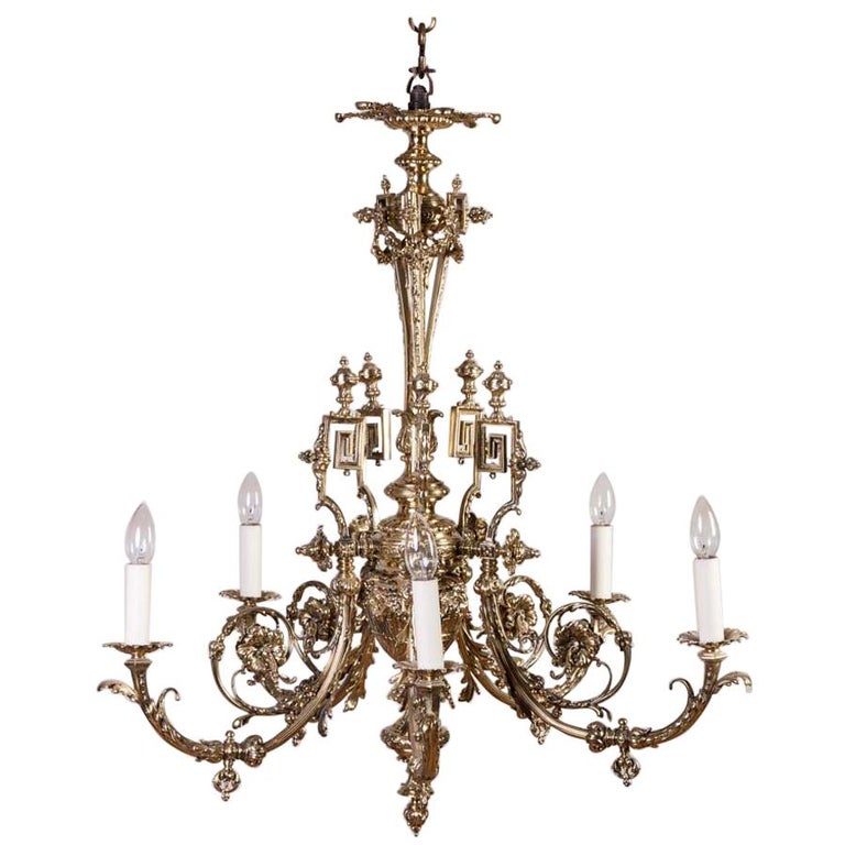 French FiveArm Chandelier with Ornate Floral Brass Work at 1stDibs