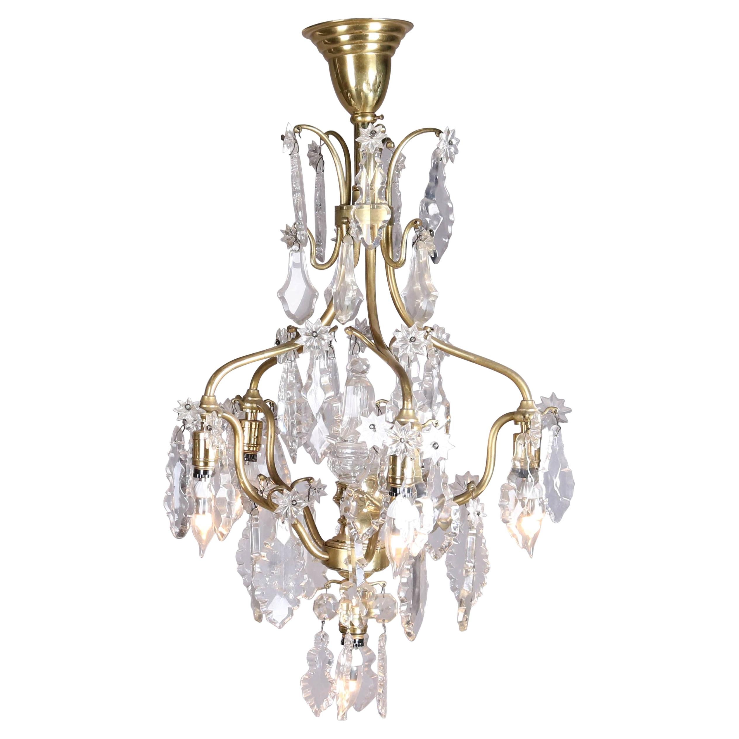 French Five-Light Brass and Cut Crystal Chandelier, Stylized Floral and Foliate