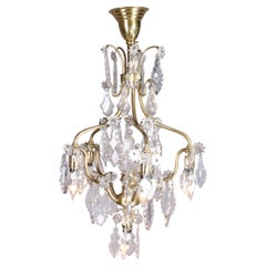 French Five-Light Brass and Cut Crystal Chandelier, Stylized Floral and Foliate