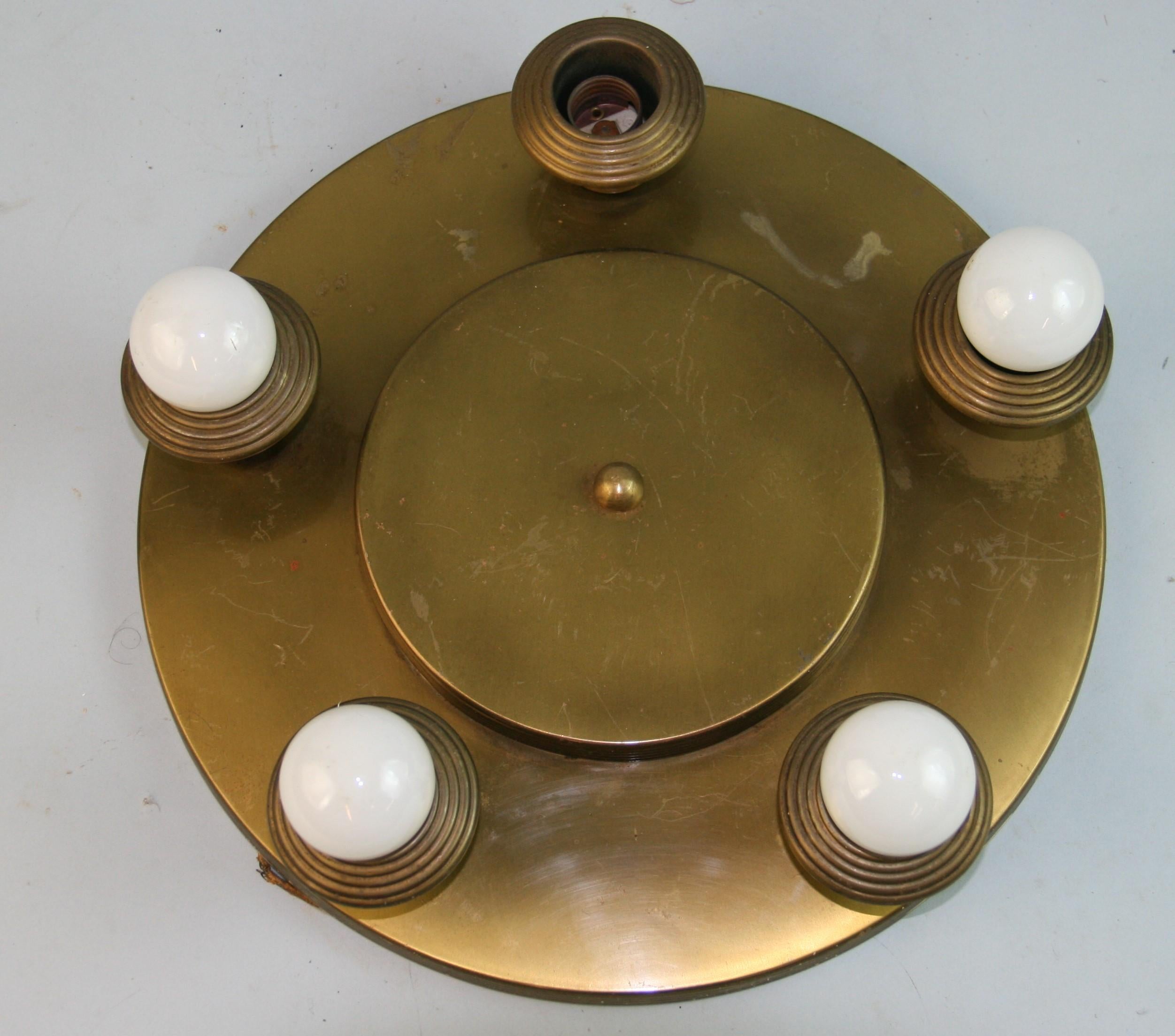 Mid-20th Century French Five Light Brass Ceiling Flush Mount For Sale