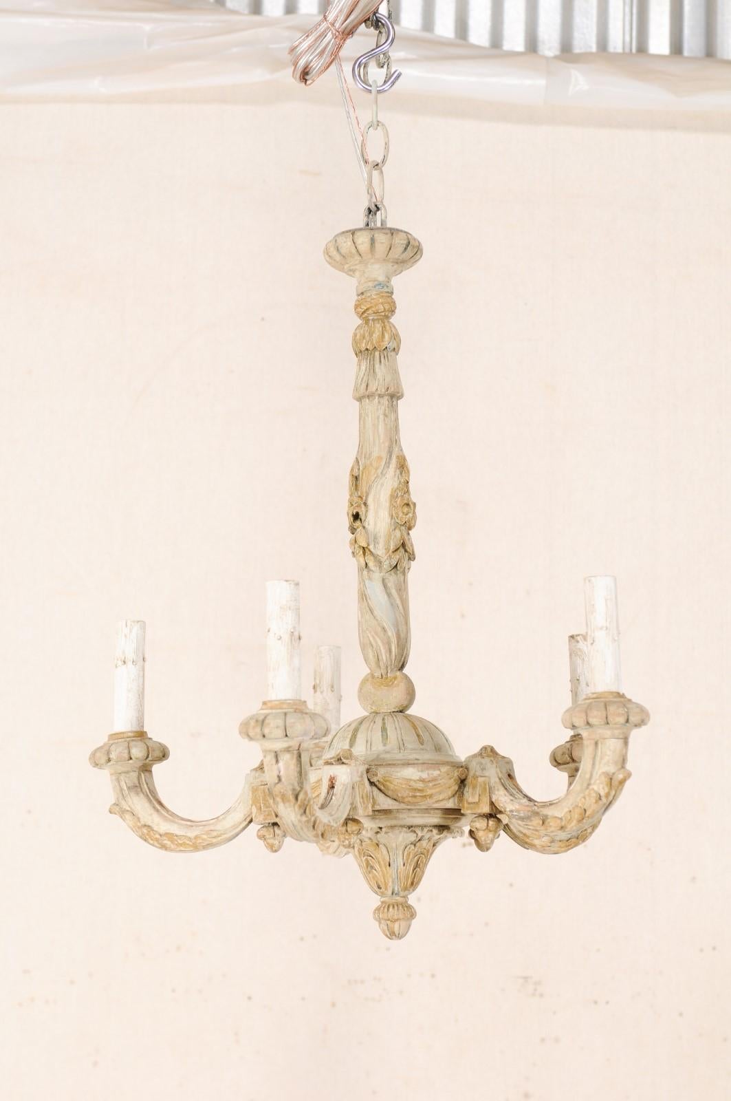 French Five-Light Carved Wood Chandelier with Floral & Foliage Motif, Cute Size 4