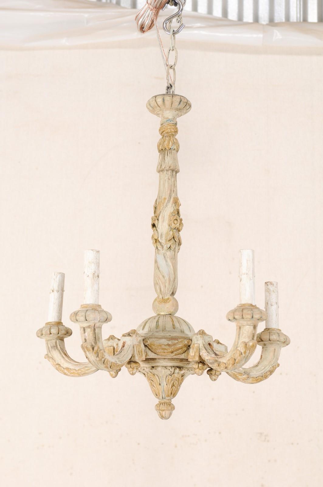 Hand-Carved French Five-Light Carved Wood Chandelier with Floral & Foliage Motif, Cute Size