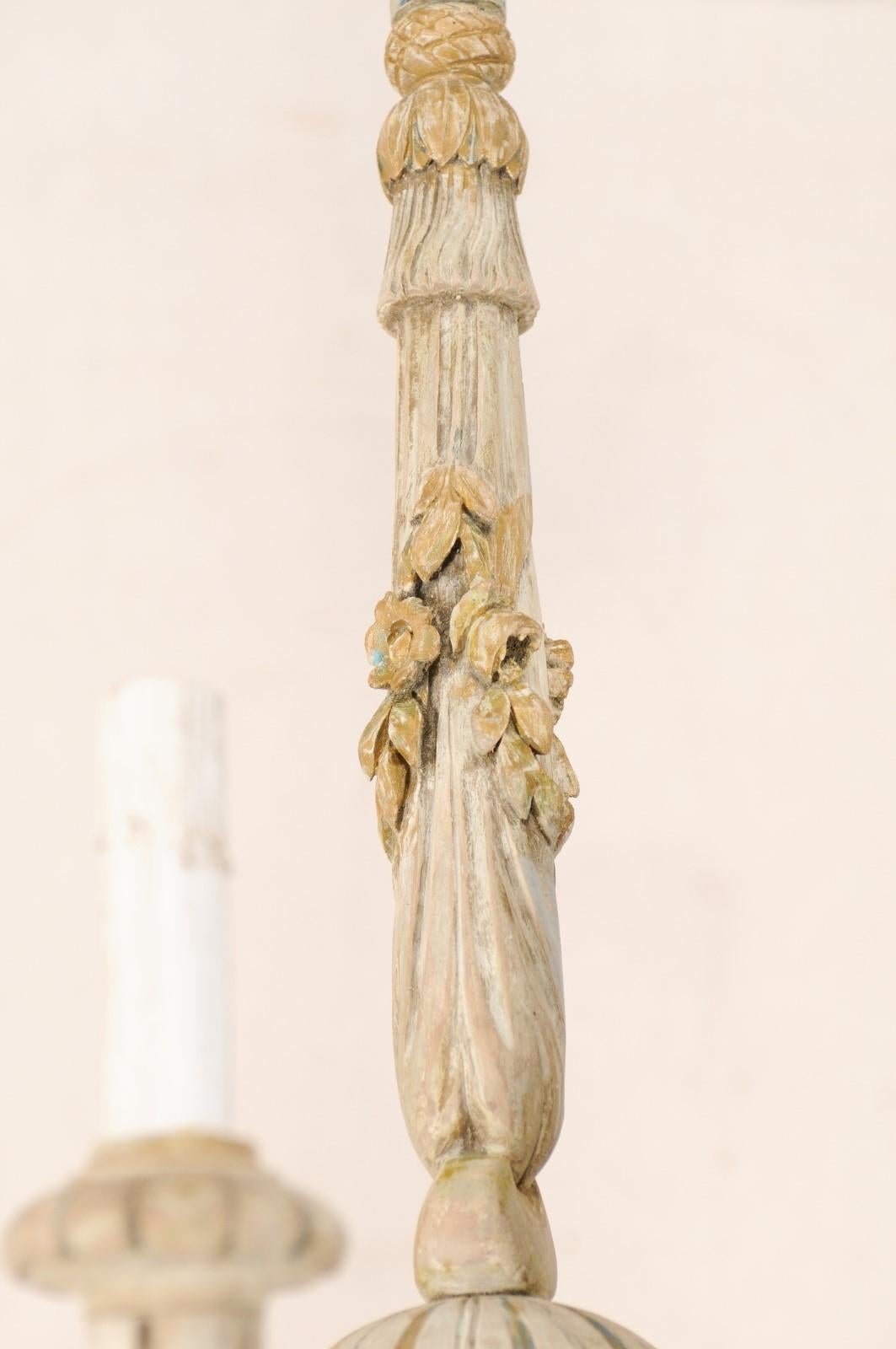 20th Century French Five-Light Carved Wood Chandelier with Floral & Foliage Motif, Cute Size