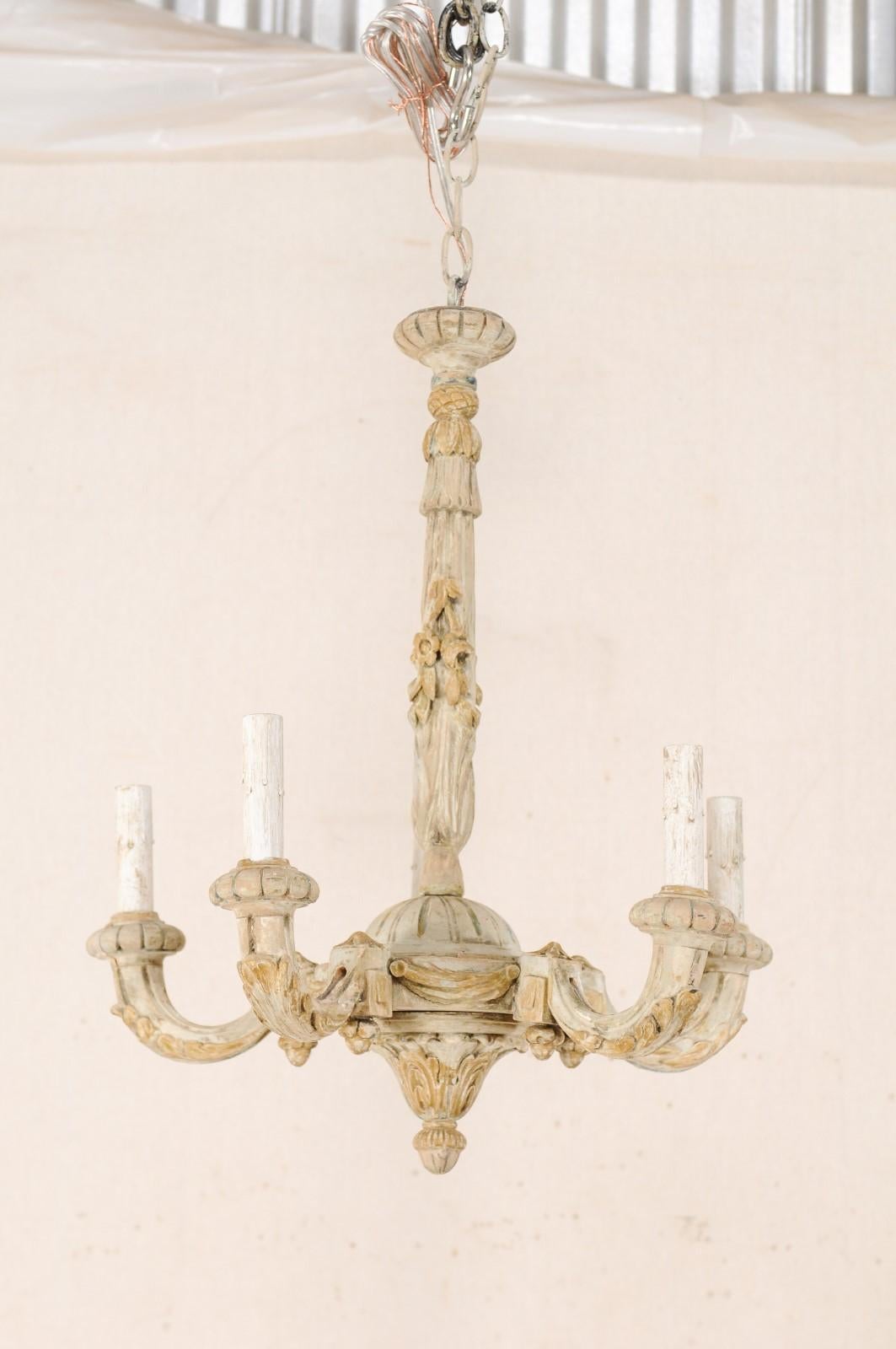 French Five-Light Carved Wood Chandelier with Floral & Foliage Motif, Cute Size 3