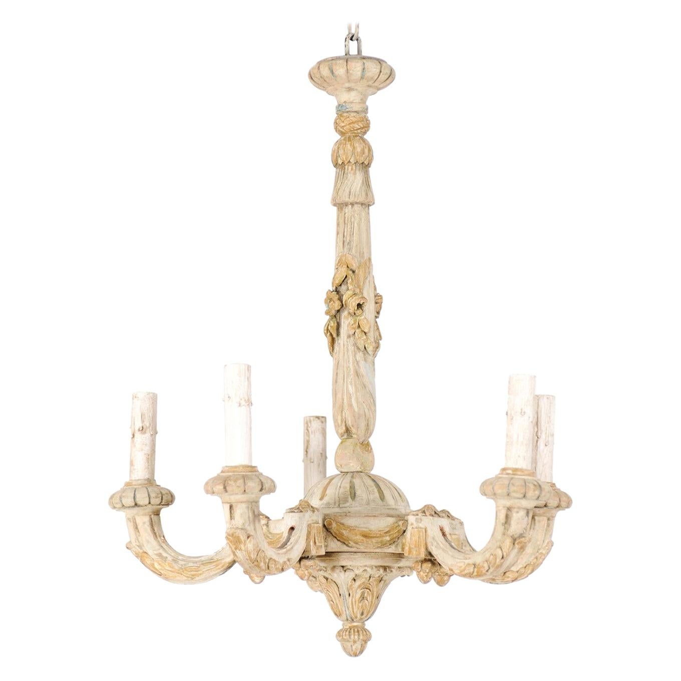 French Five-Light Carved Wood Chandelier with Floral & Foliage Motif, Cute Size