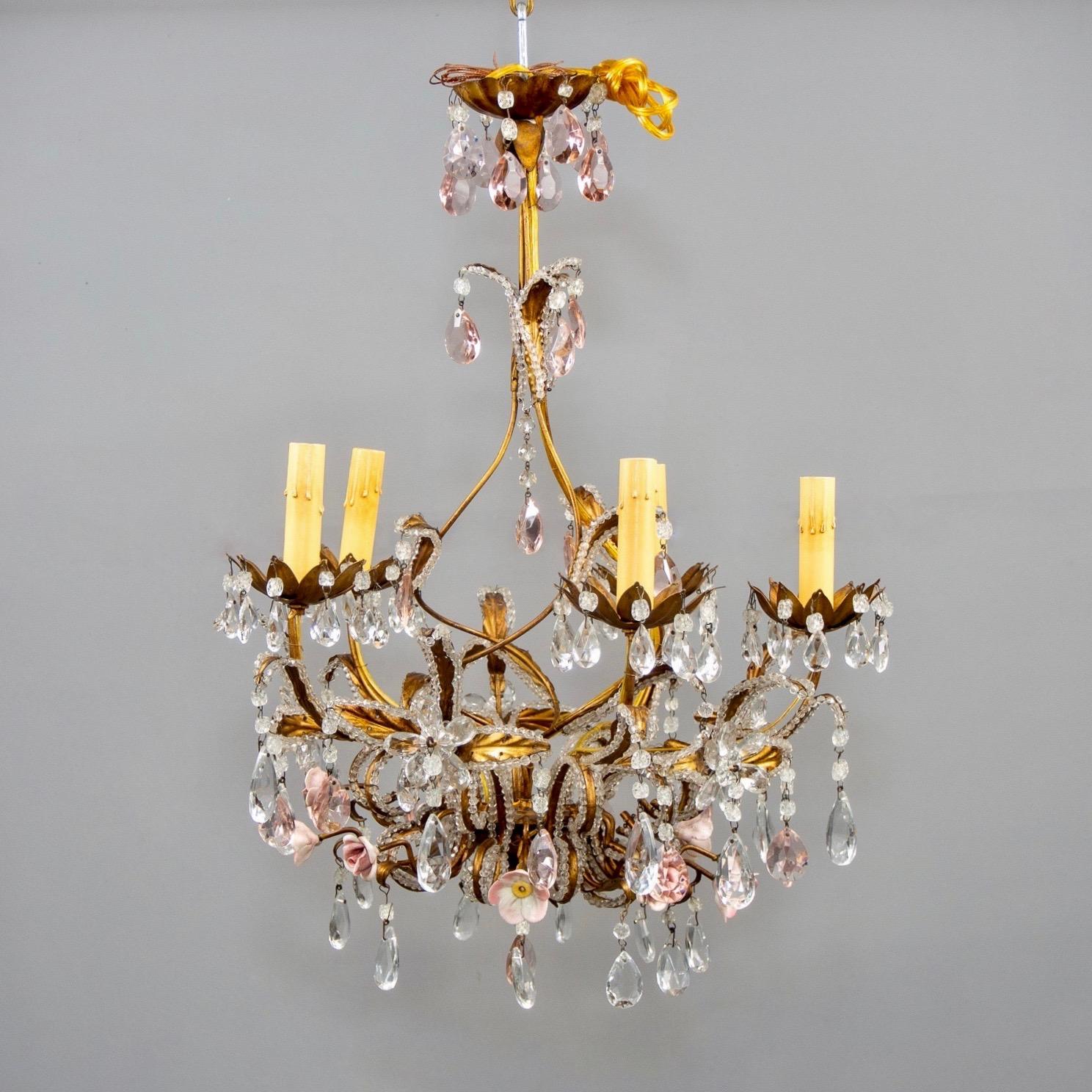 French Five-Light Gilt Metal and Crystal Chandelier with Porcelain Roses In Good Condition For Sale In Troy, MI