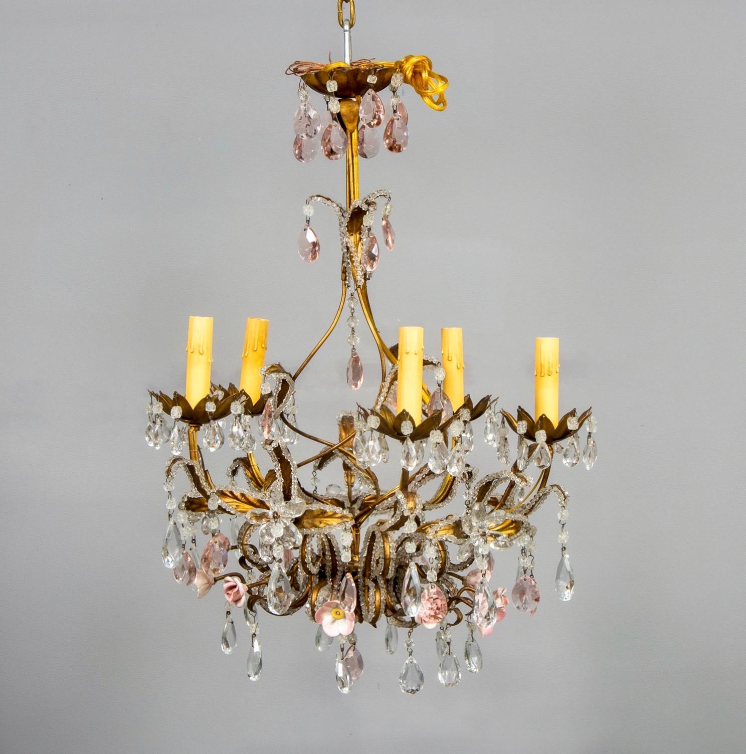 20th Century French Five-Light Gilt Metal and Crystal Chandelier with Porcelain Roses For Sale