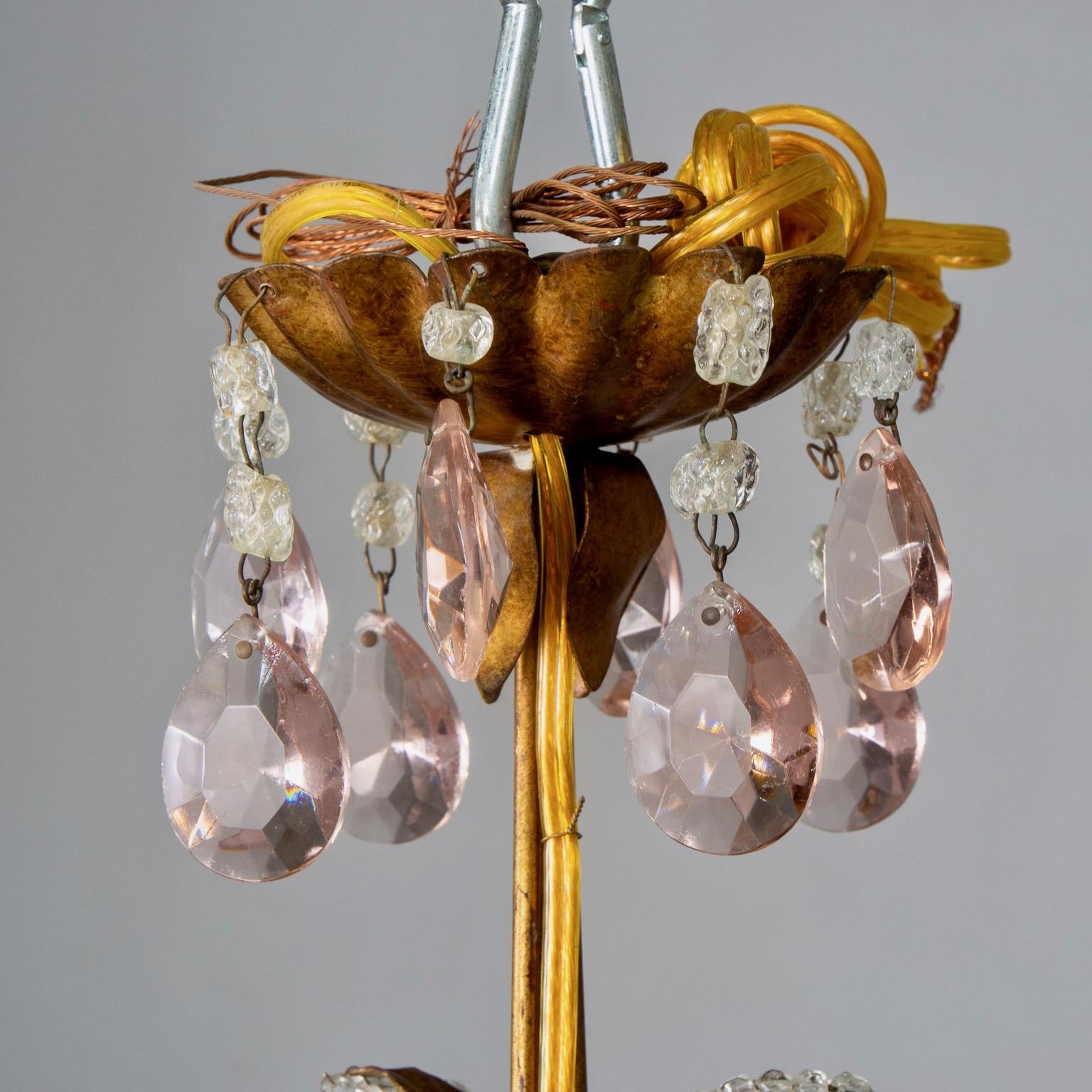 French Five-Light Gilt Metal and Crystal Chandelier with Porcelain Roses For Sale 2