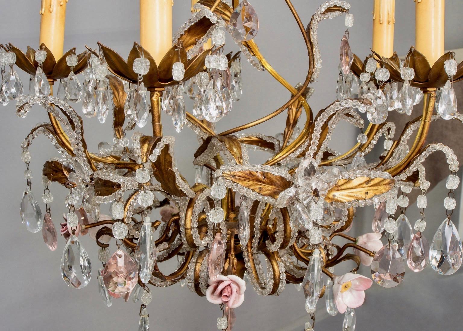 French Five-Light Gilt Metal and Crystal Chandelier with Porcelain Roses For Sale 3