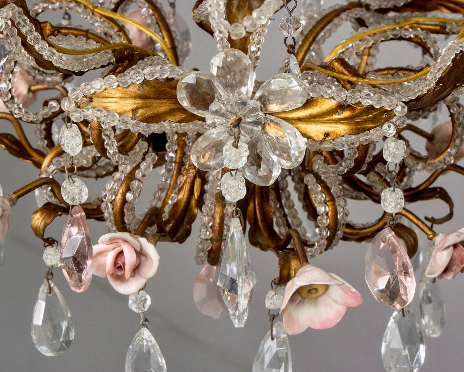 French Five-Light Gilt Metal and Crystal Chandelier with Porcelain Roses For Sale 4