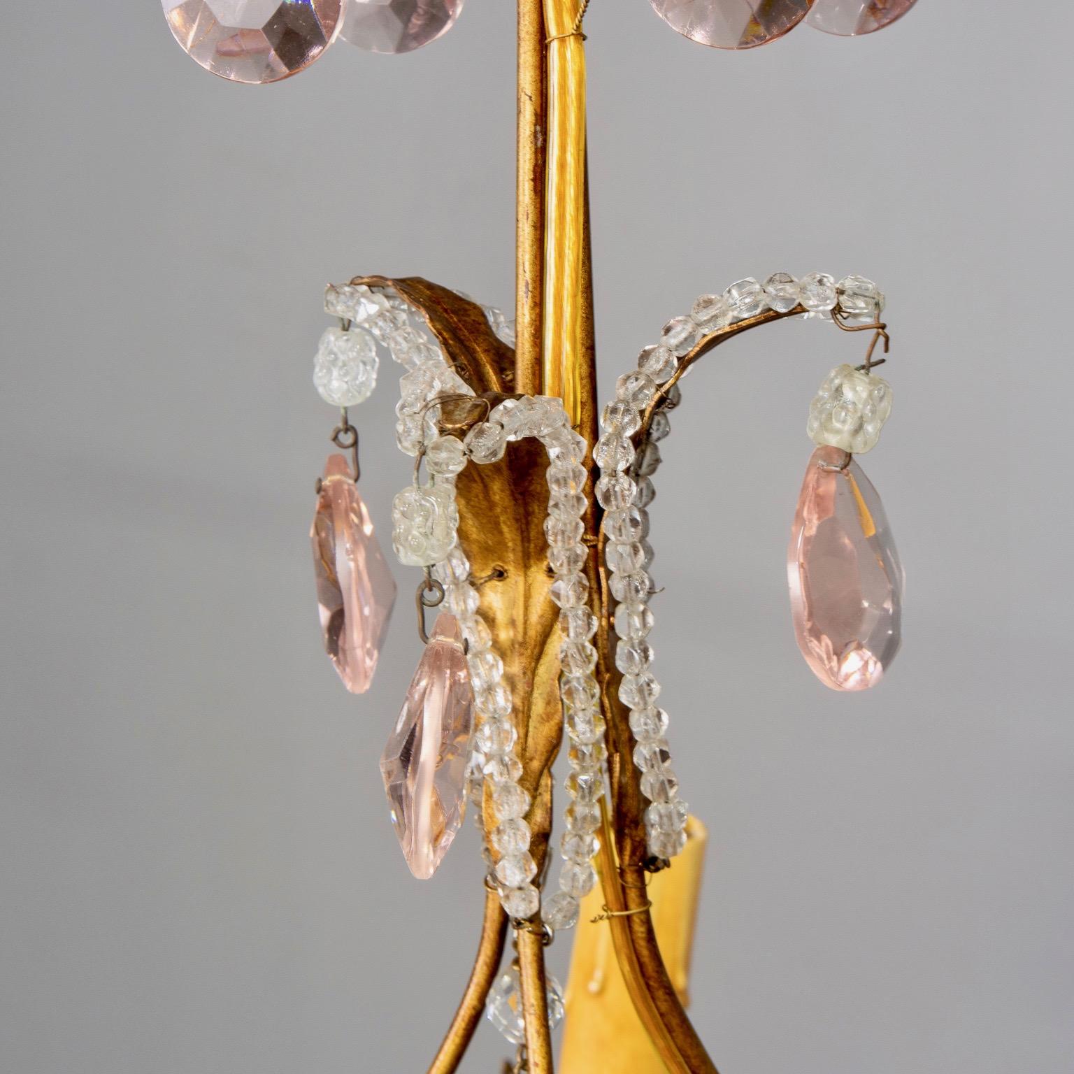 French Five-Light Gilt Metal and Crystal Chandelier with Porcelain Roses For Sale 5