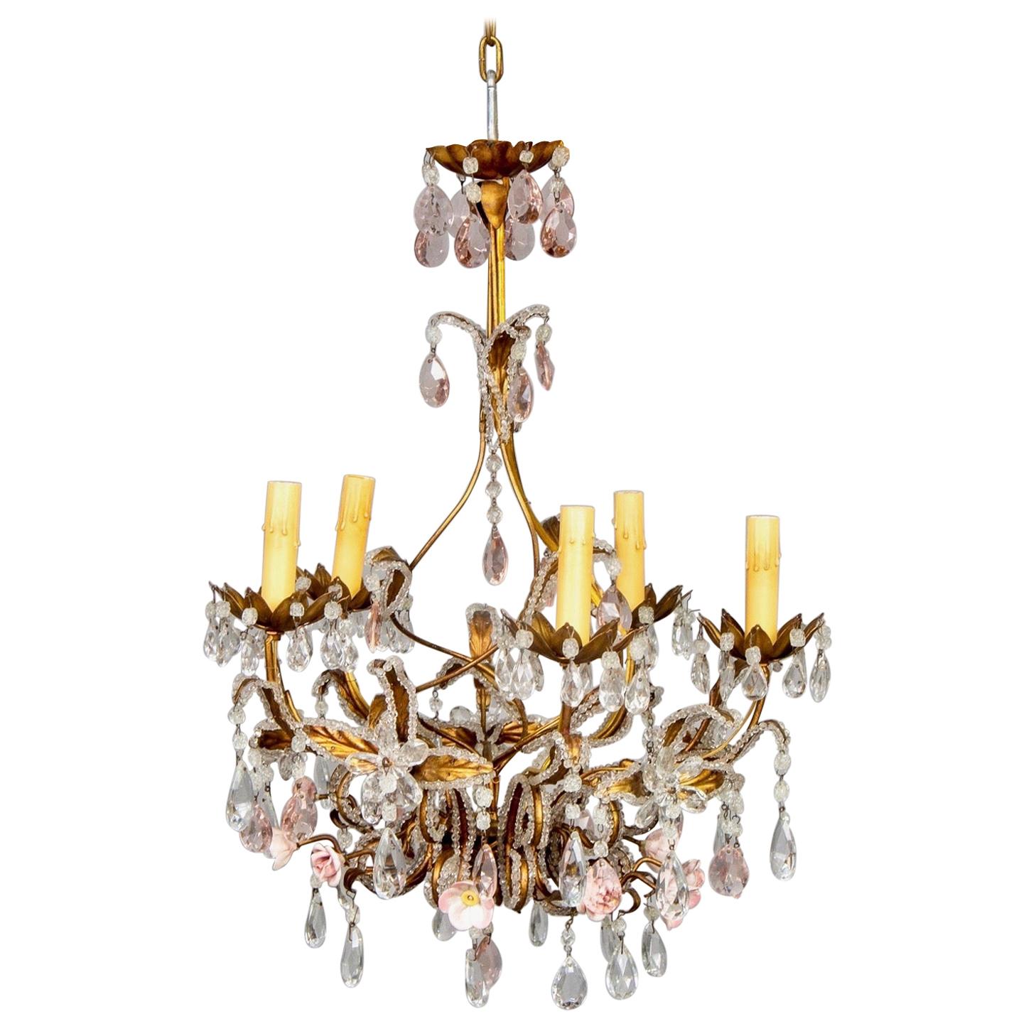 French Five-Light Gilt Metal and Crystal Chandelier with Porcelain Roses