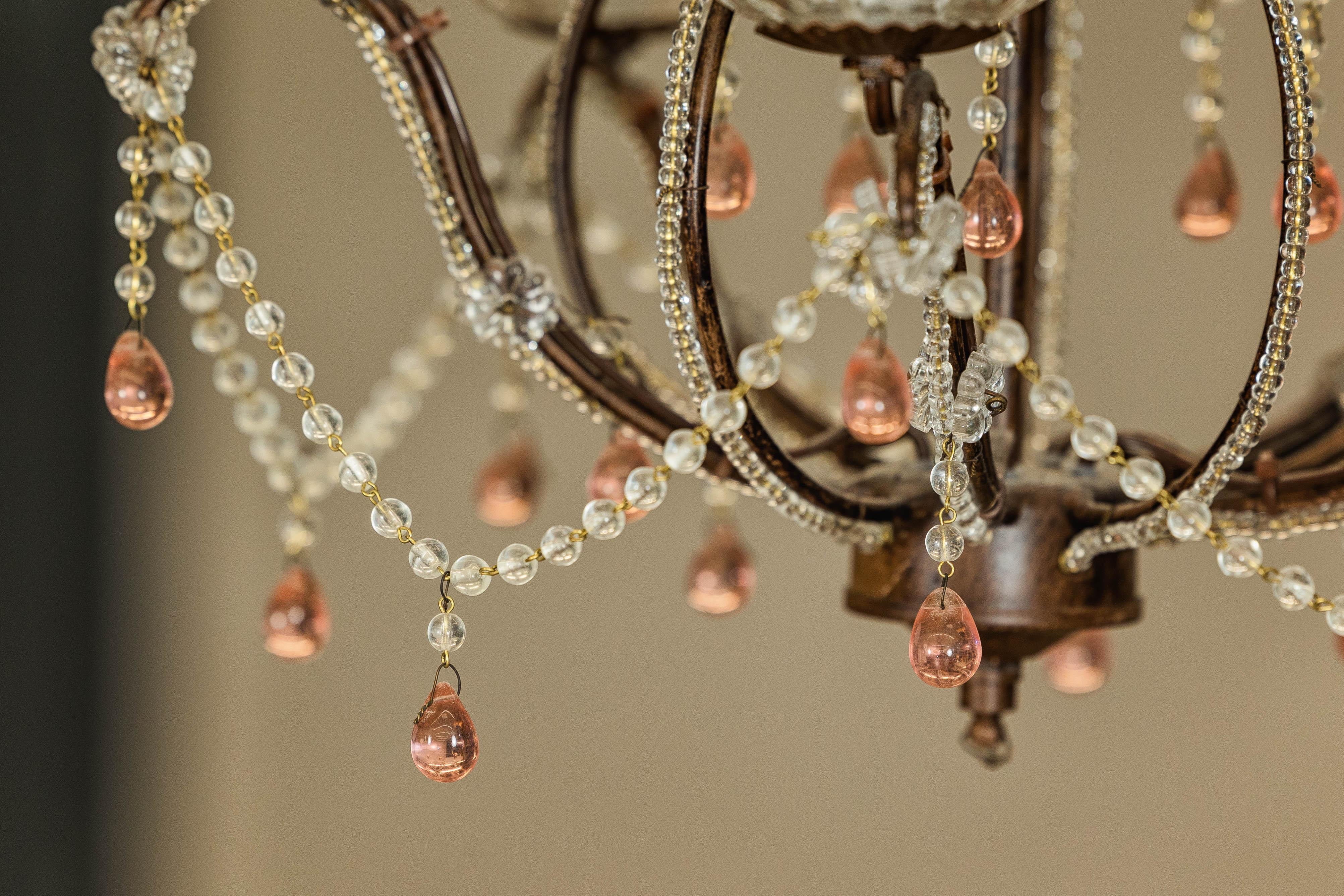 French Five Lights Crystal Chandelier with Pink Glass Drops Circa 1950, US Wired For Sale 5