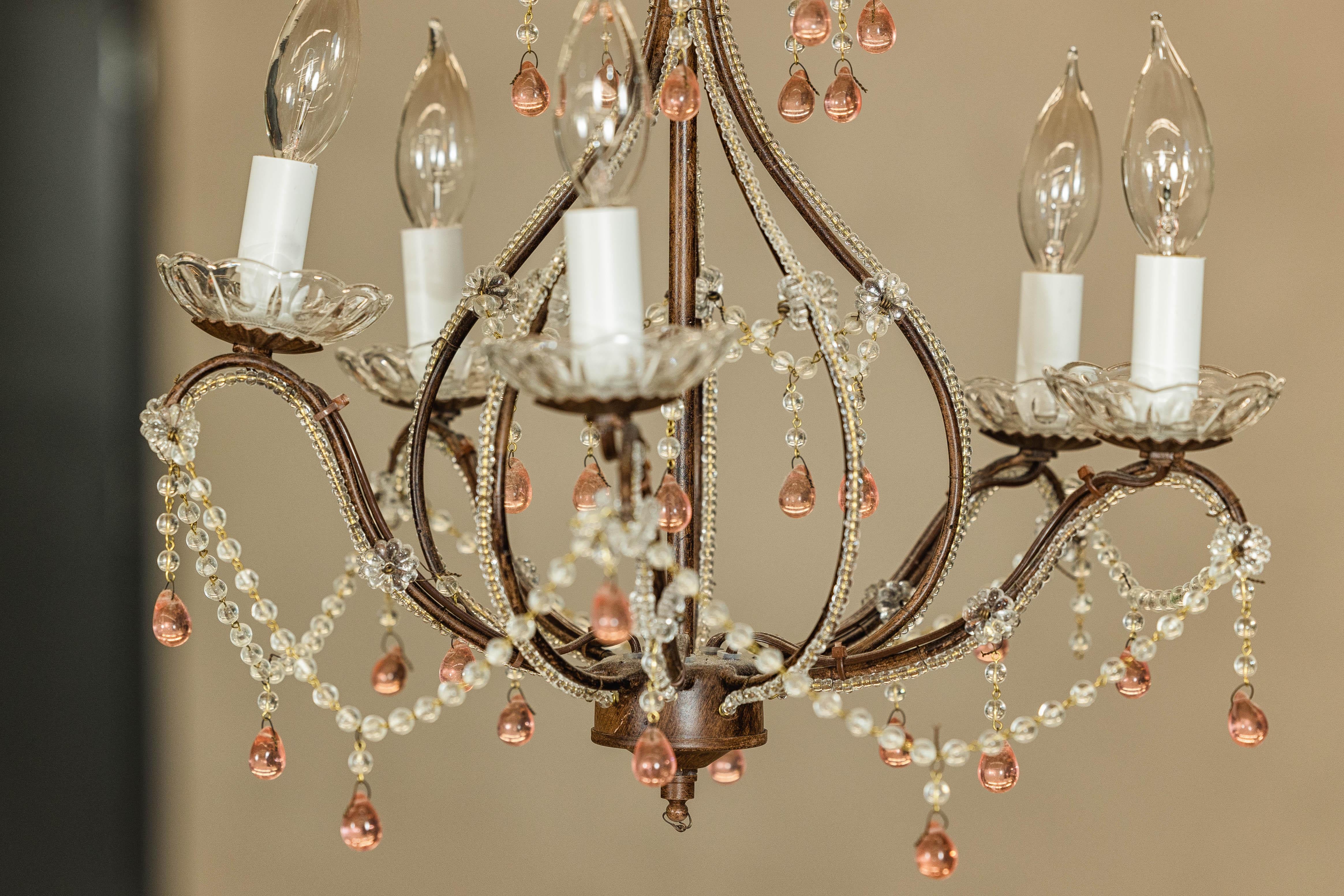 French Five Lights Crystal Chandelier with Pink Glass Drops Circa 1950, US Wired For Sale 6
