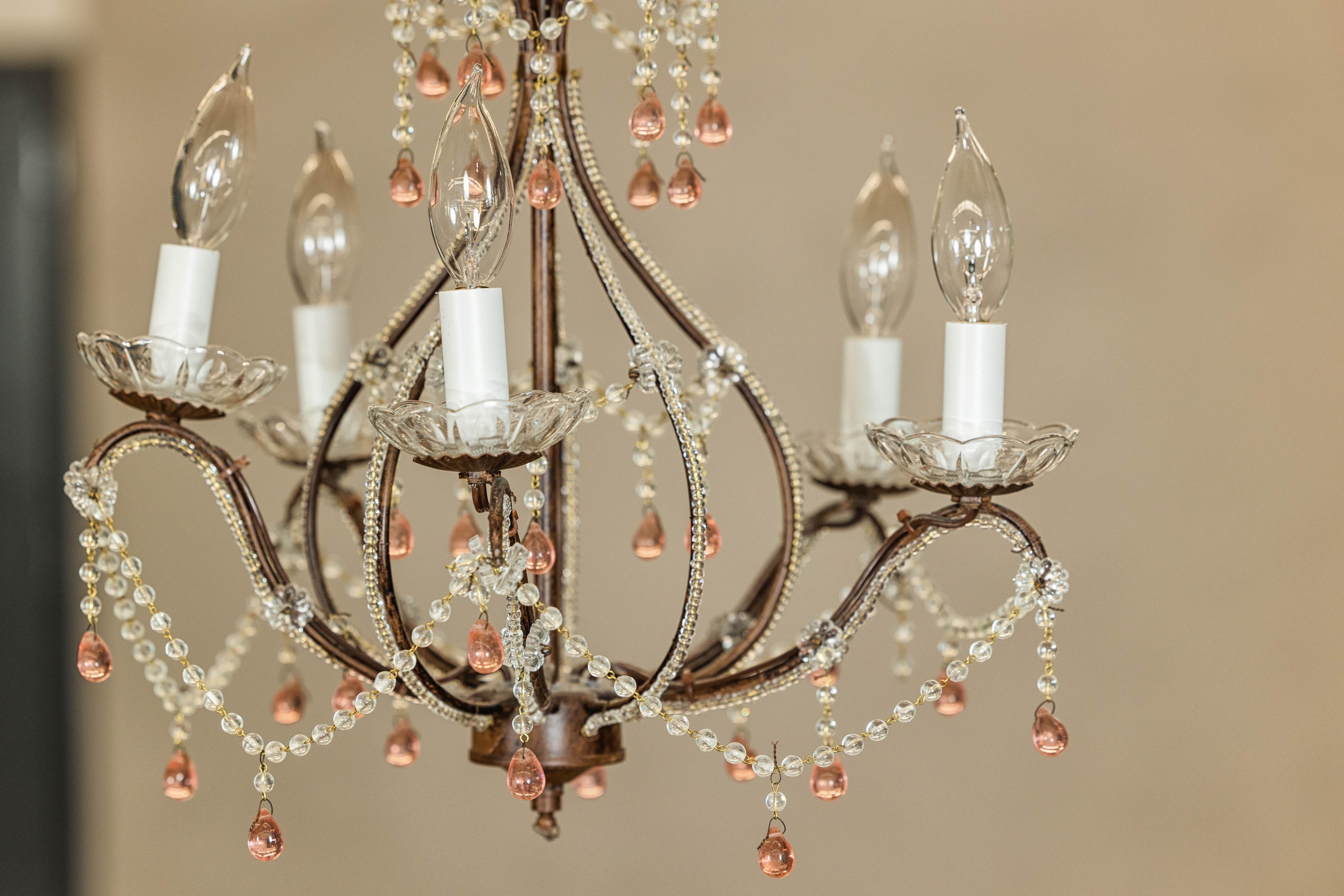 French Five Lights Crystal Chandelier with Pink Glass Drops Circa 1950, US Wired For Sale 7