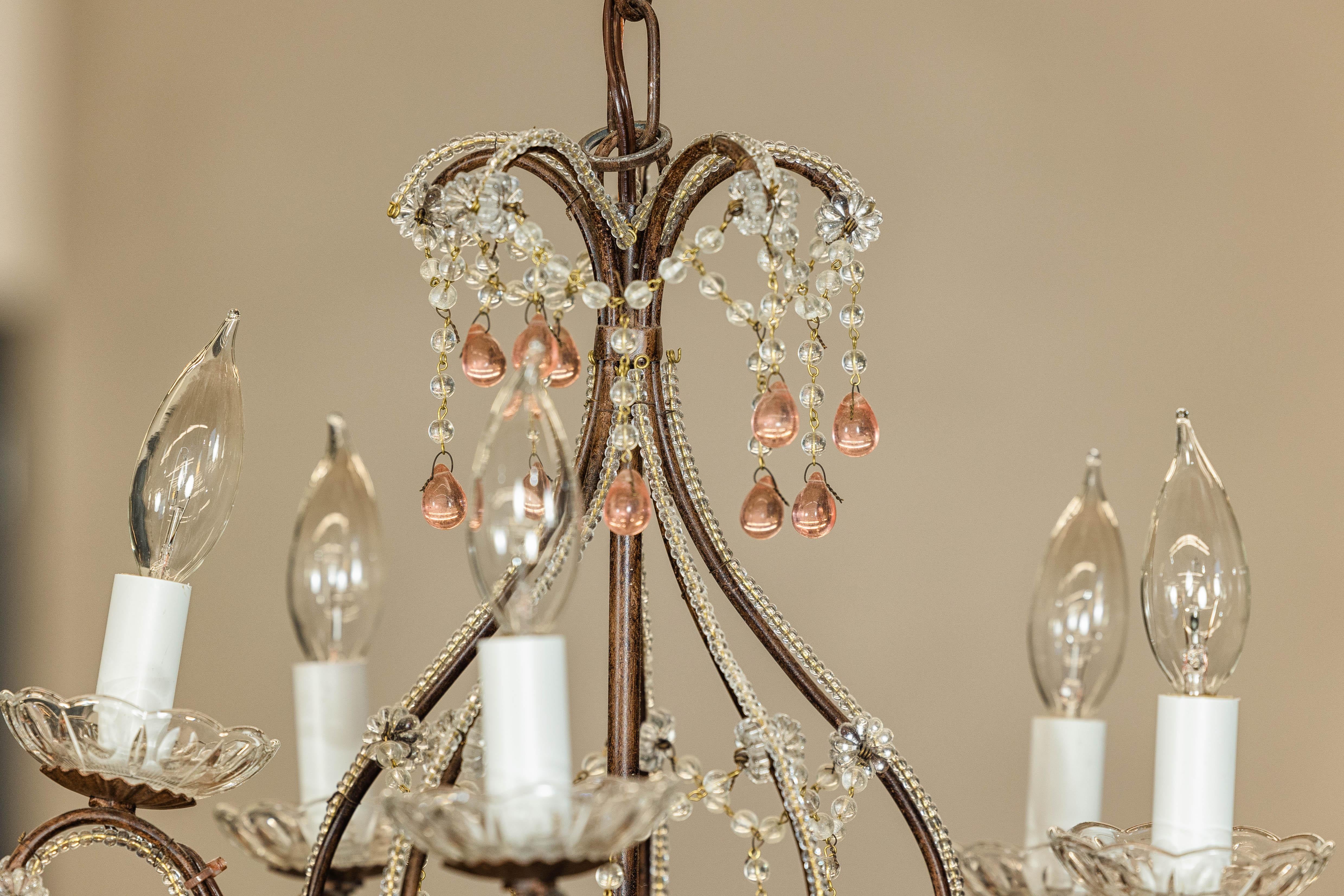 French Five Lights Crystal Chandelier with Pink Glass Drops Circa 1950, US Wired For Sale 8