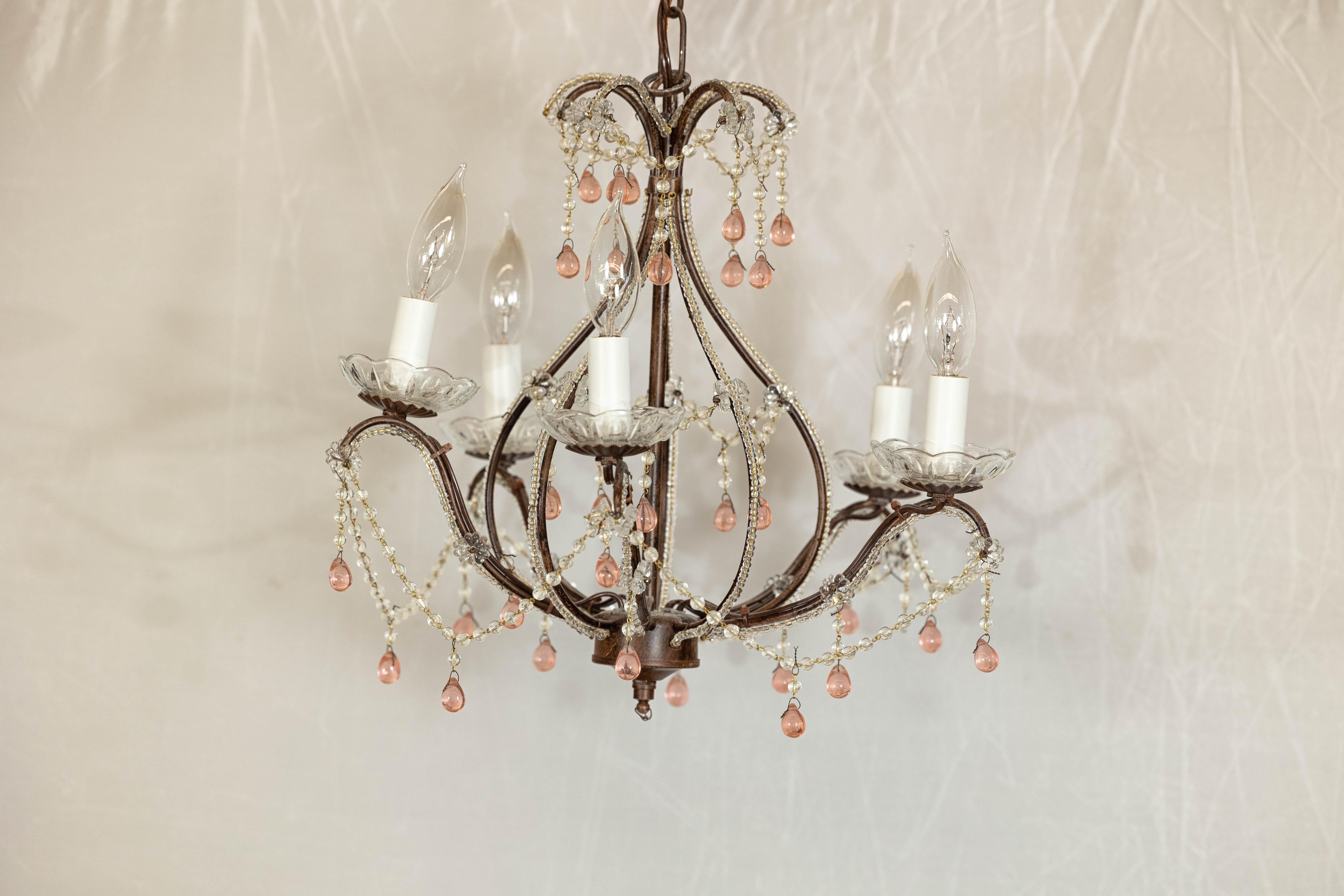 French Five Lights Crystal Chandelier with Pink Glass Drops Circa 1950, US Wired For Sale 9
