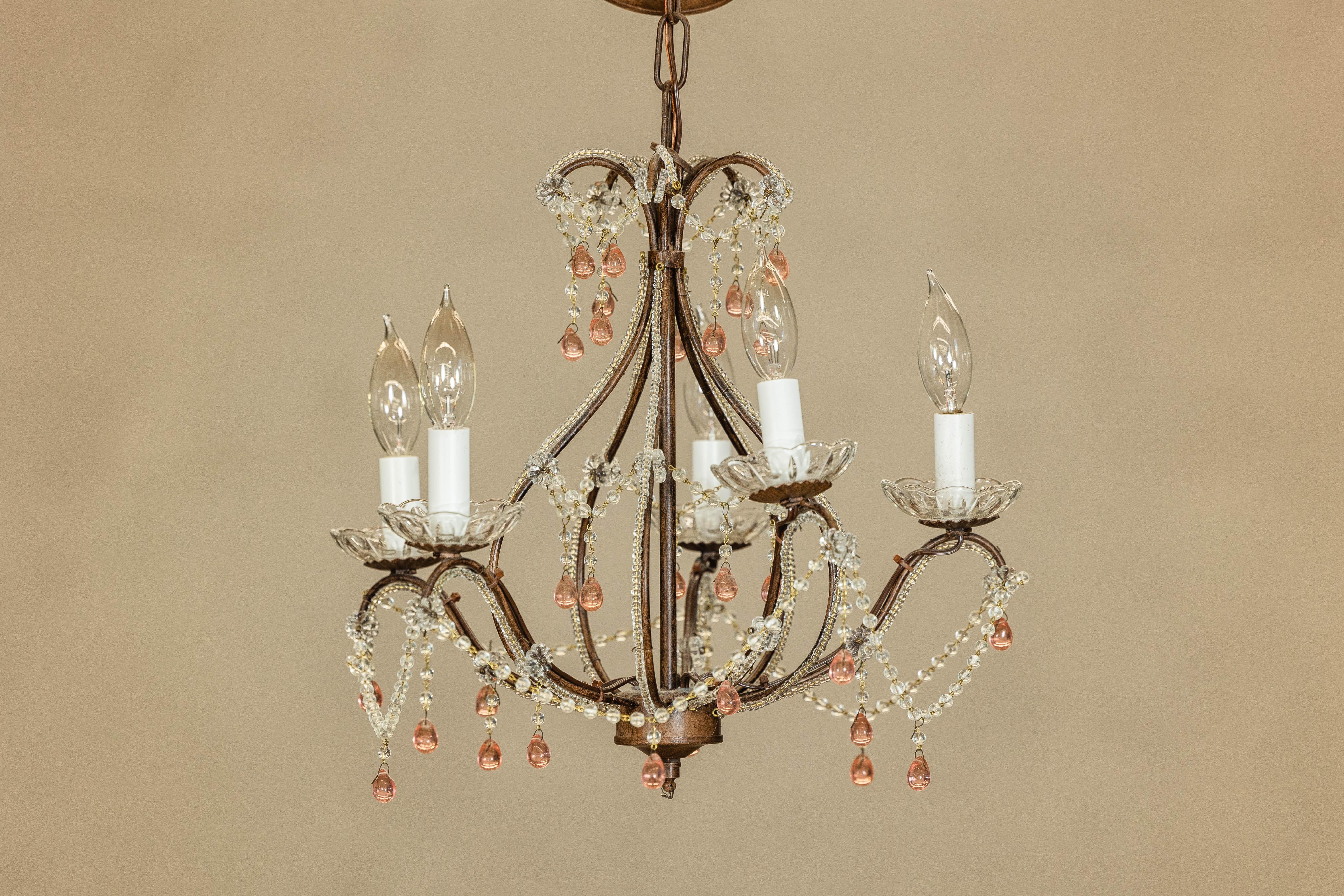 French Five Lights Crystal Chandelier with Pink Glass Drops Circa 1950, US Wired In Good Condition For Sale In Yonkers, NY