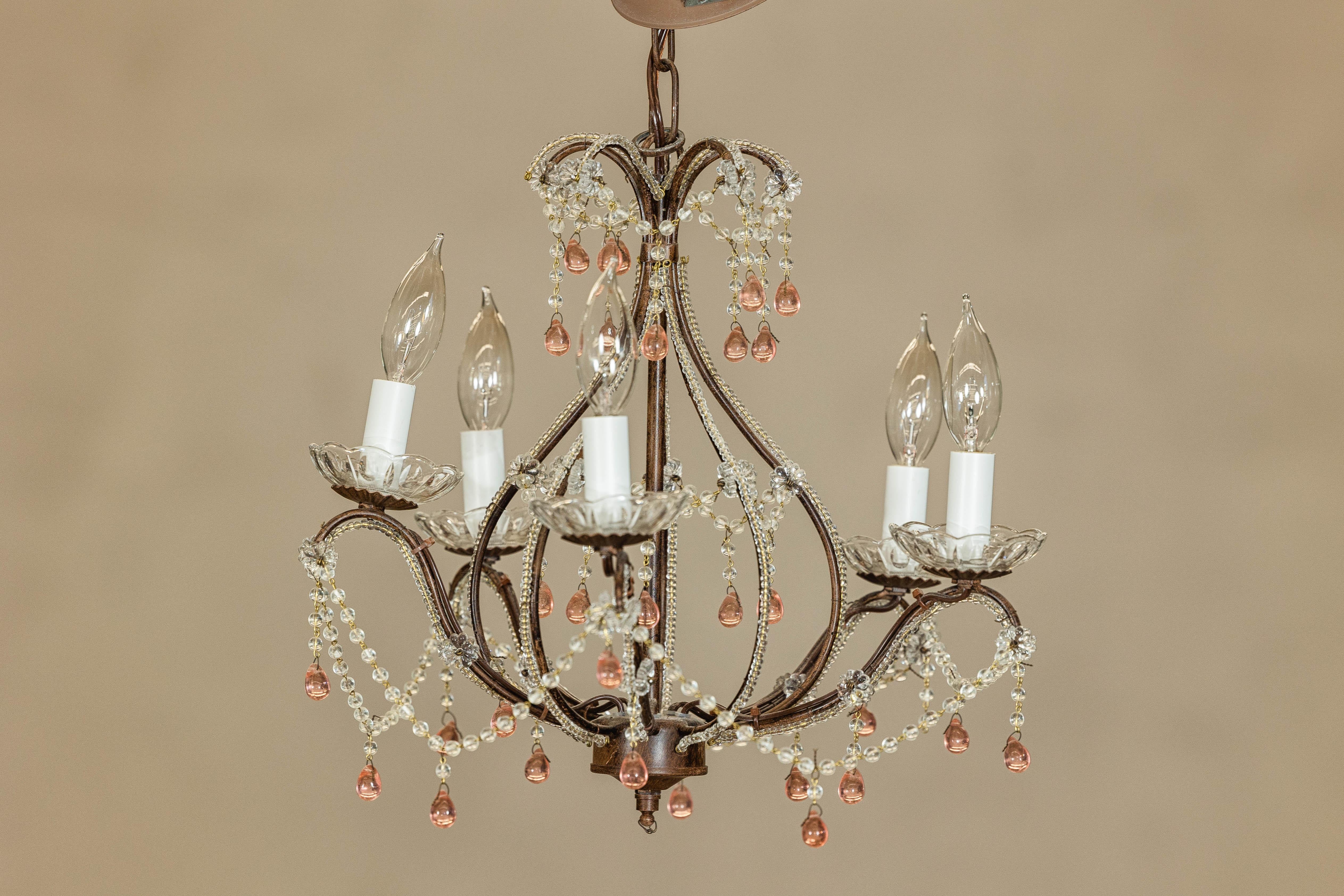 20th Century French Five Lights Crystal Chandelier with Pink Glass Drops Circa 1950, US Wired For Sale