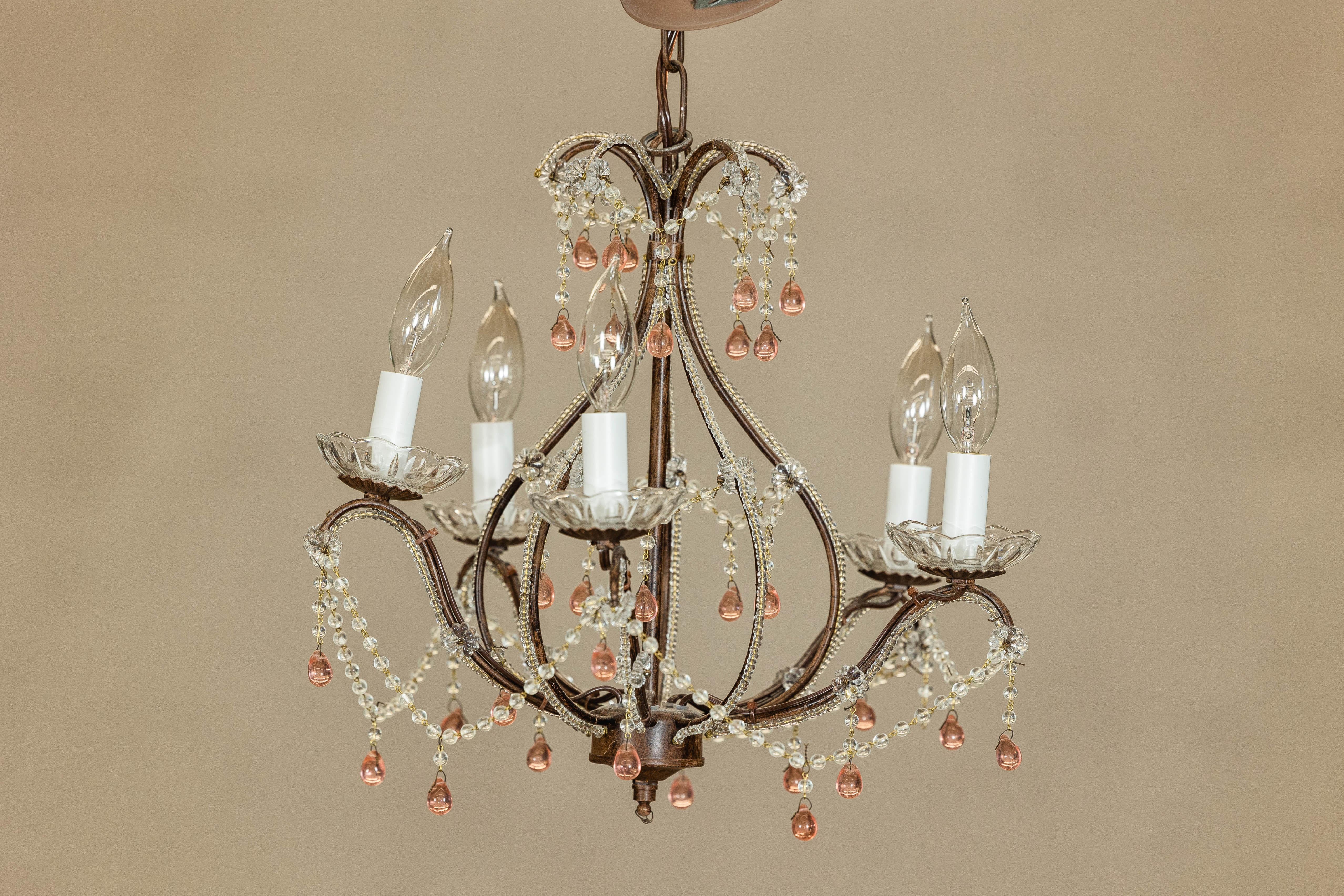 French Five Lights Crystal Chandelier with Pink Glass Drops Circa 1950, US Wired For Sale 1