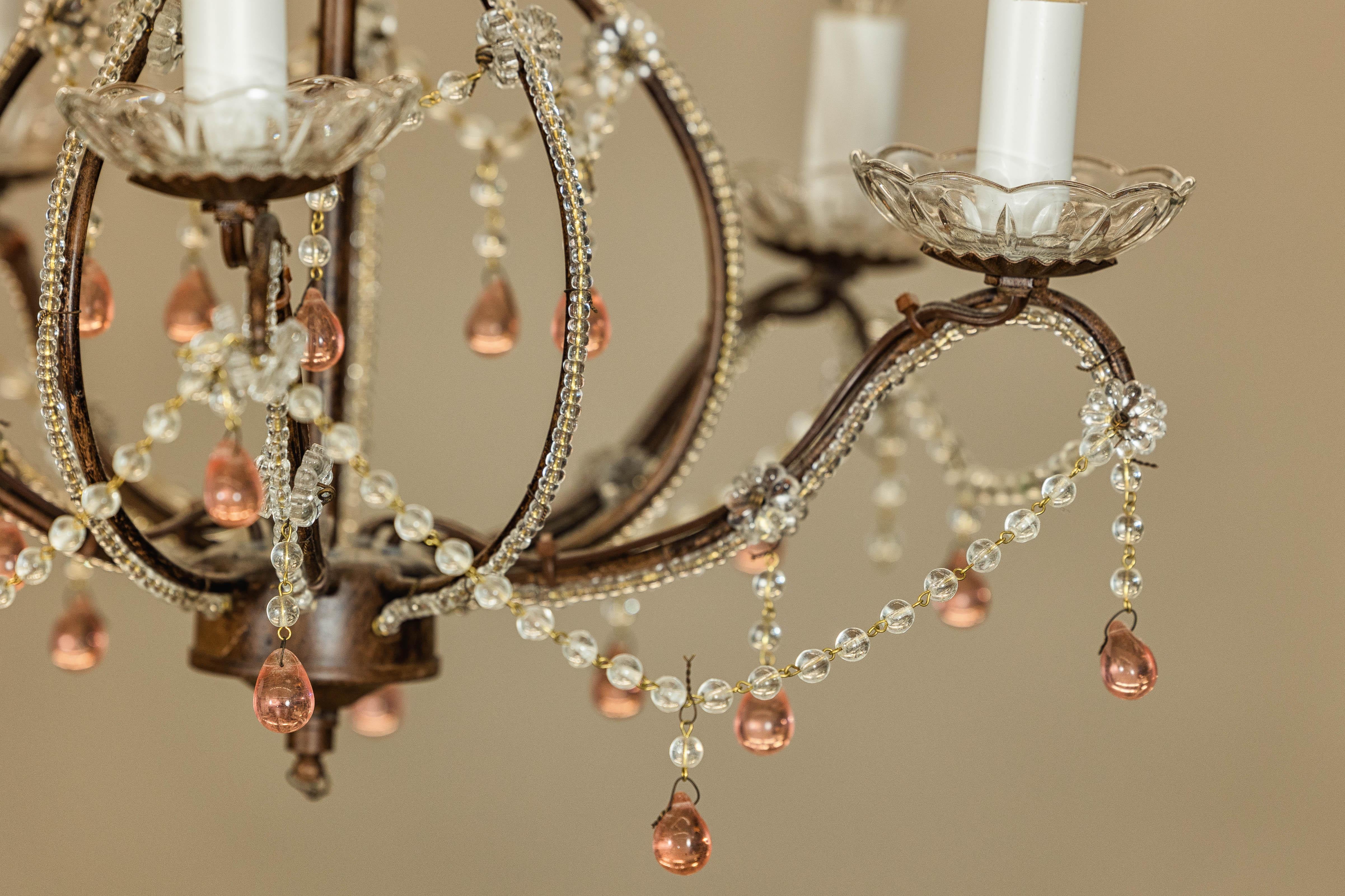 French Five Lights Crystal Chandelier with Pink Glass Drops Circa 1950, US Wired For Sale 2