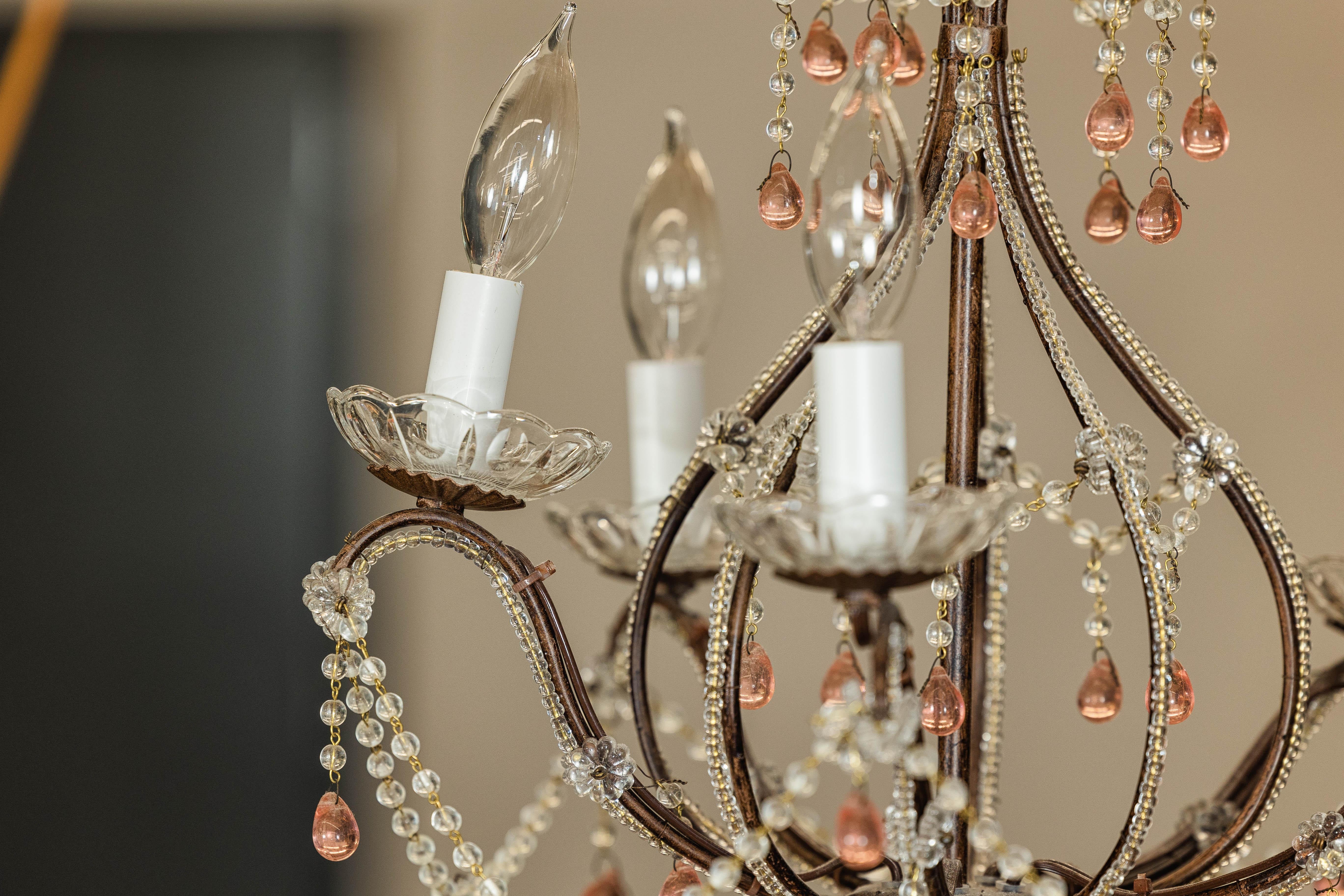 French Five Lights Crystal Chandelier with Pink Glass Drops Circa 1950, US Wired For Sale 3