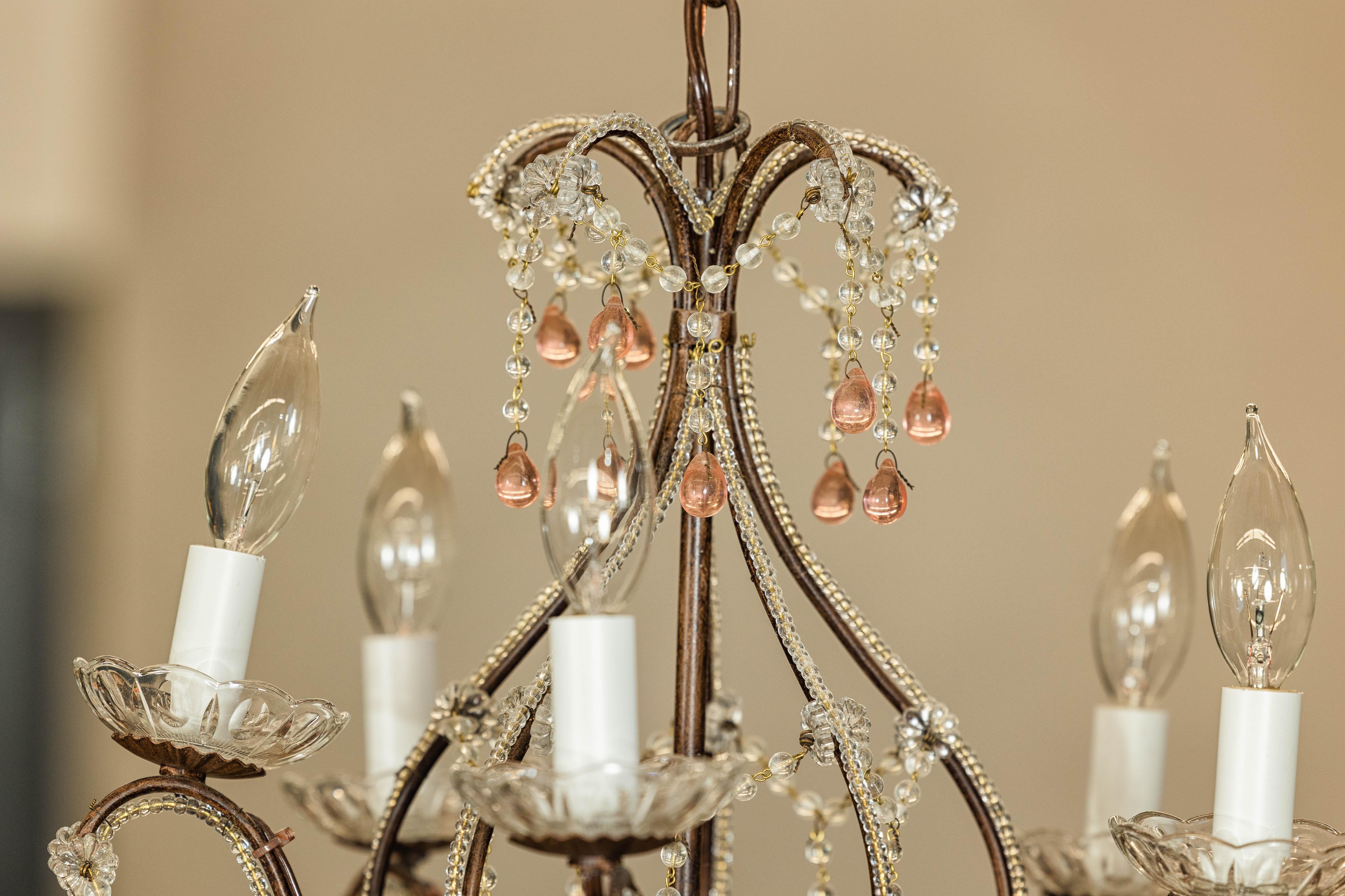 French Five Lights Crystal Chandelier with Pink Glass Drops Circa 1950, US Wired For Sale 4