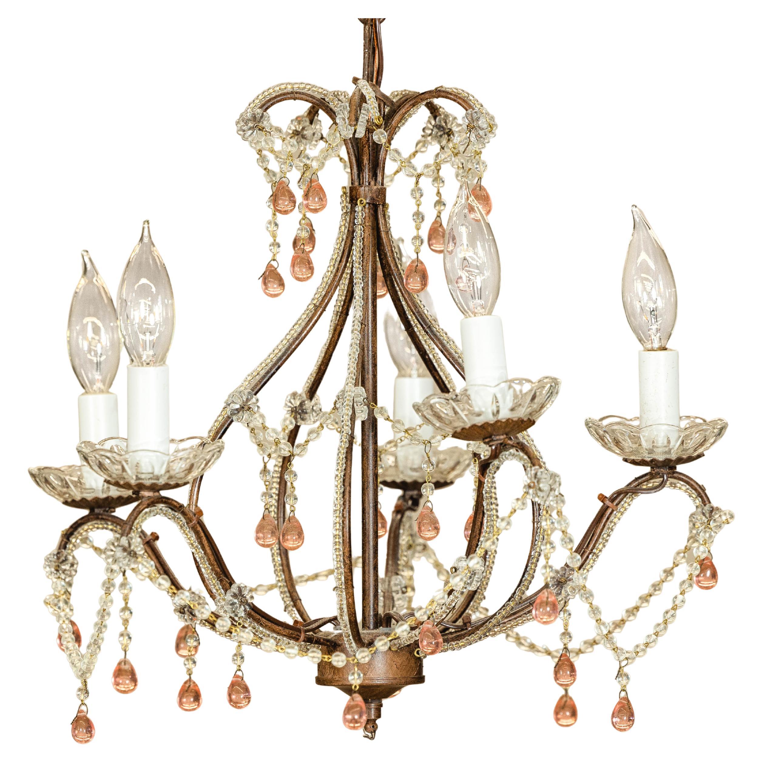 French Five Lights Crystal Chandelier with Pink Glass Drops Circa 1950, US Wired For Sale