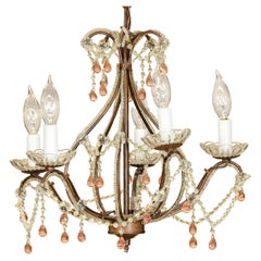 French Five Lights Crystal Chandelier with Pink Glass Drops Circa 1950, US Wired