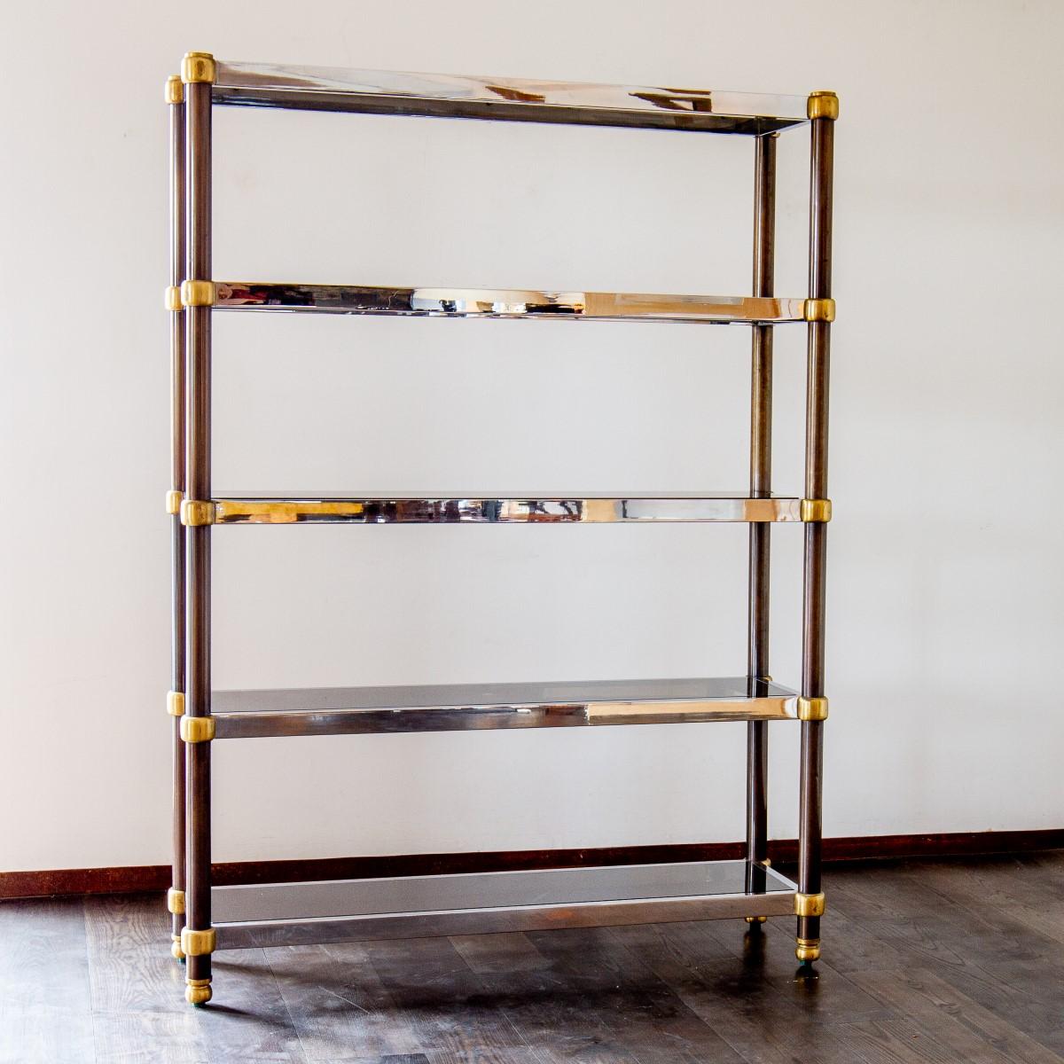 A five tier copper and chrome framed etagere with brass detailing and tinted glass shelves, France 1970s

