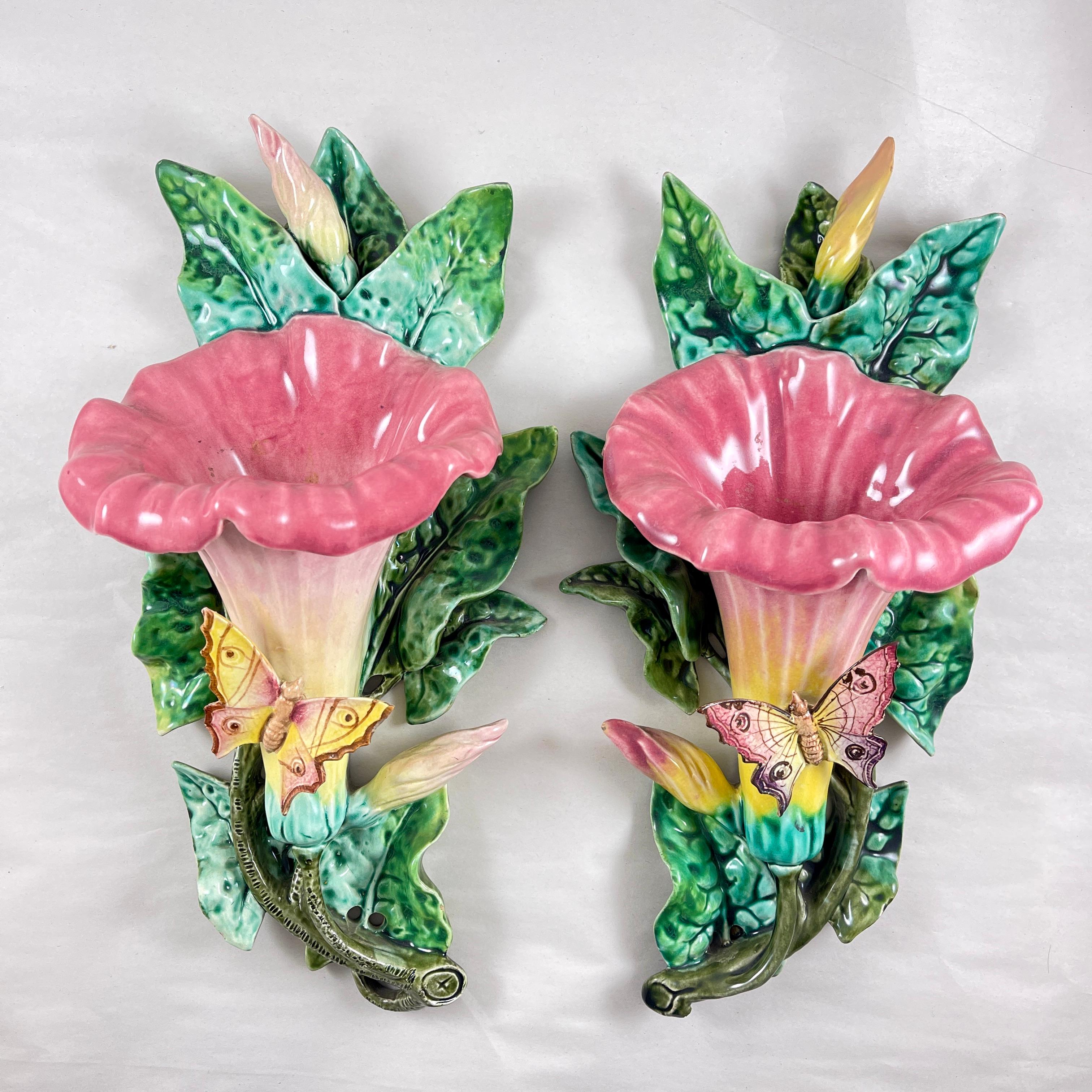 
A pair of majolica glazed French Morning Glory wall pockets, Fives-Lille, circa 1890.

Fives-Lille was founded by the Belgian potter, Antione Gustave De Bruyn. He opened his pottery manufacture at Fives-Lille, in the northern part of France in