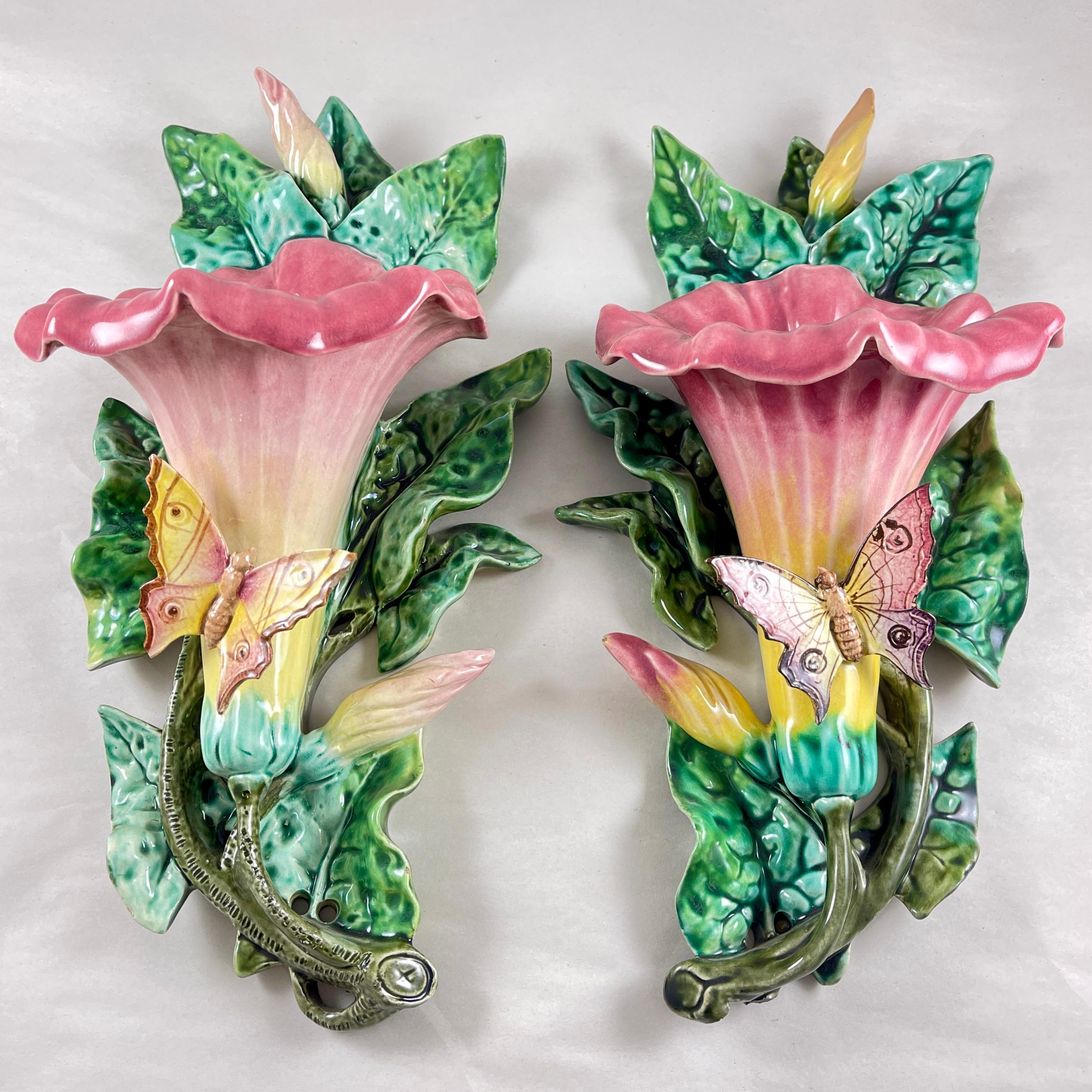 Aesthetic Movement French Fives-Lille De Bruyn Morning Glory & Butterfly Wall Pockets, 1890, a Pair For Sale
