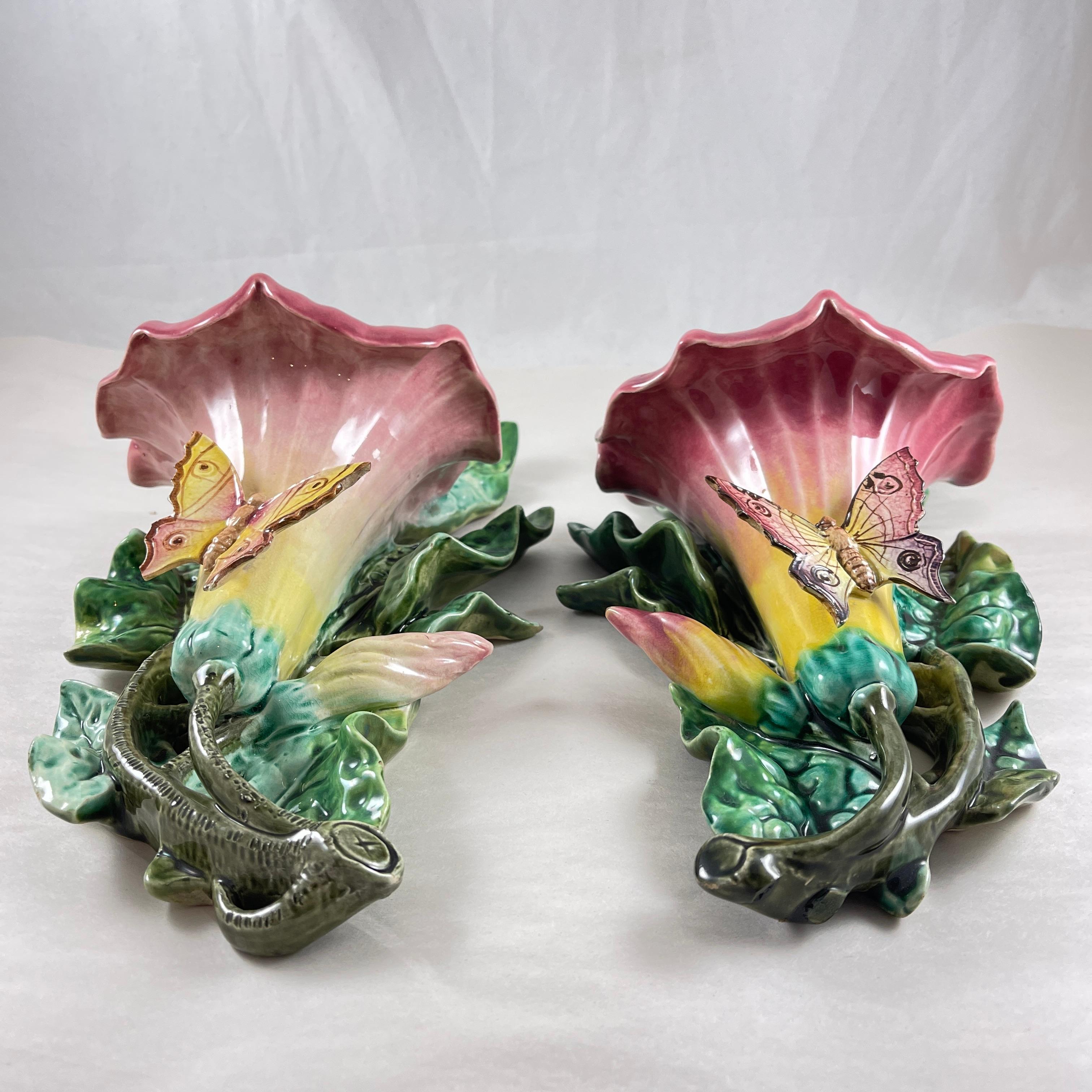 Glazed French Fives-Lille De Bruyn Morning Glory & Butterfly Wall Pockets, 1890, a Pair For Sale