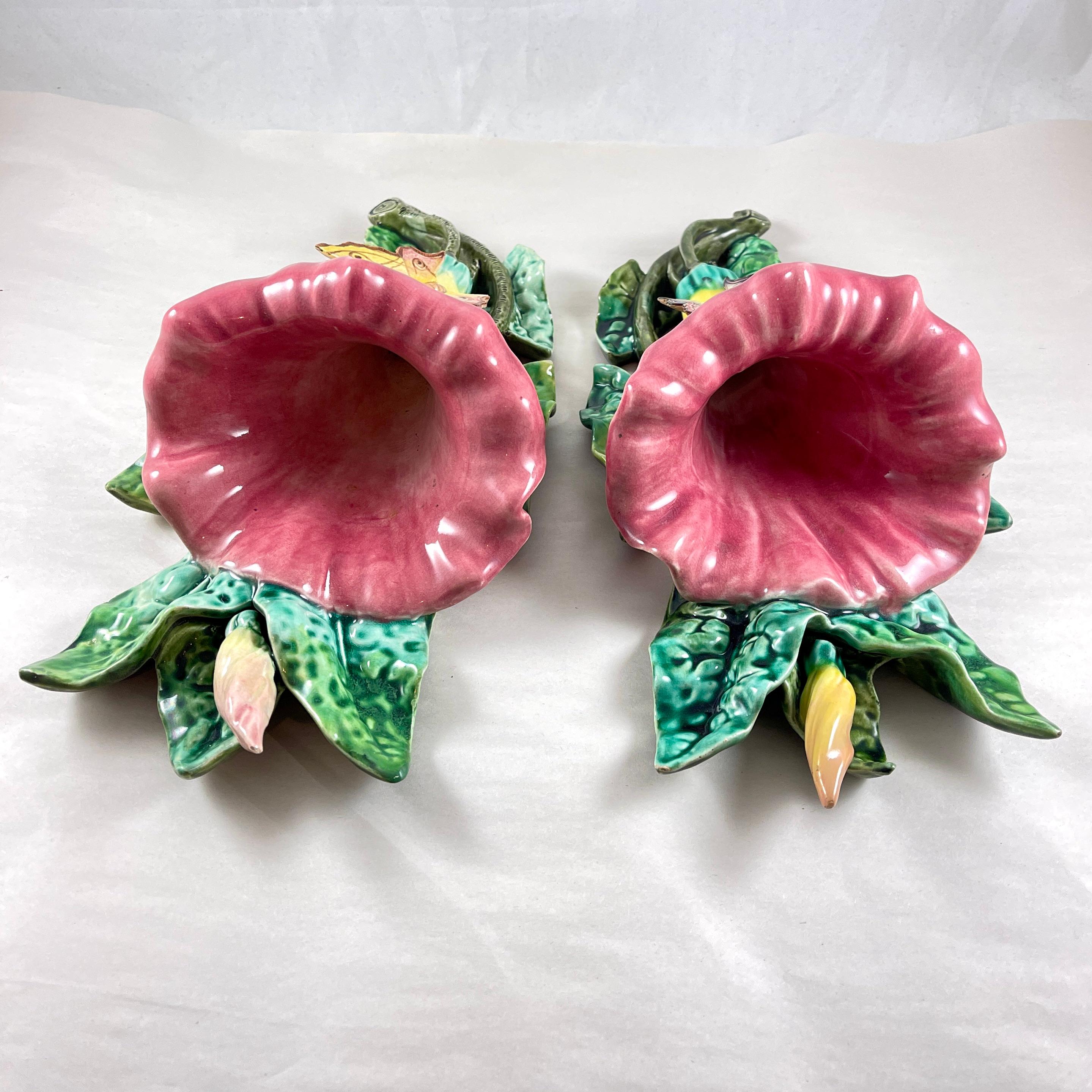 French Fives-Lille De Bruyn Morning Glory & Butterfly Wall Pockets, 1890, a Pair In Good Condition For Sale In Philadelphia, PA