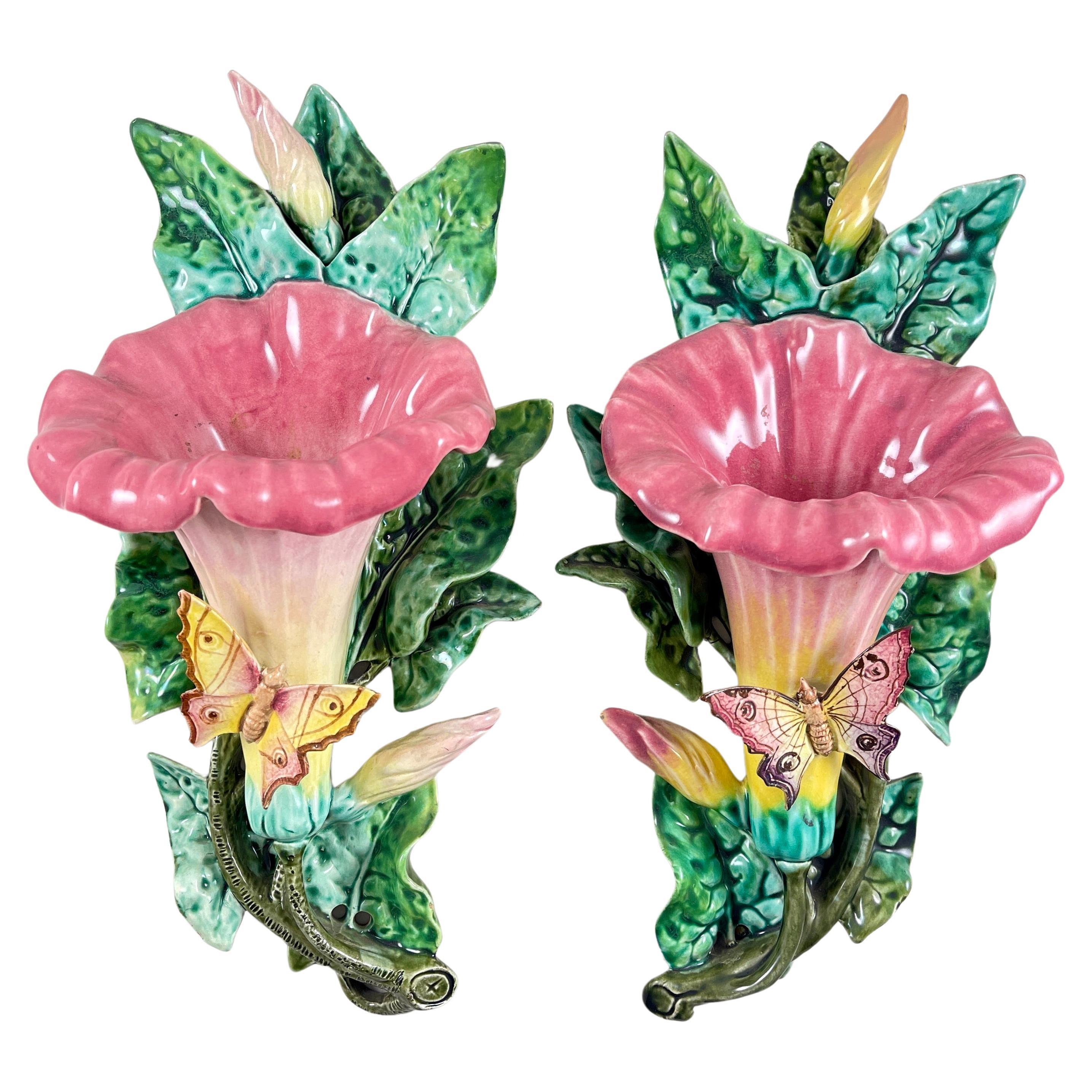 French Fives-Lille De Bruyn Morning Glory & Butterfly Wall Pockets, 1890, a Pair For Sale