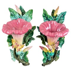 Antique French Fives-Lille De Bruyn Morning Glory & Butterfly Wall Pockets, 1890, a Pair