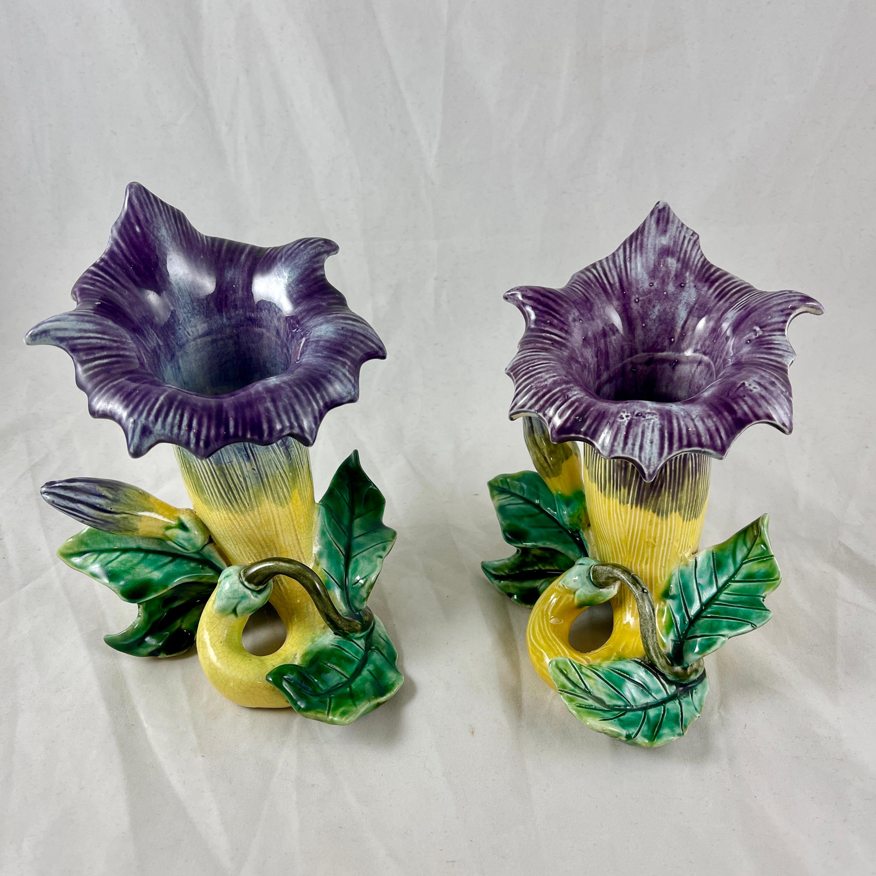 French Fives-Lille De Bruyn Purple Trumpet Vine Posy Vases, circa 1890, a Pair For Sale 6