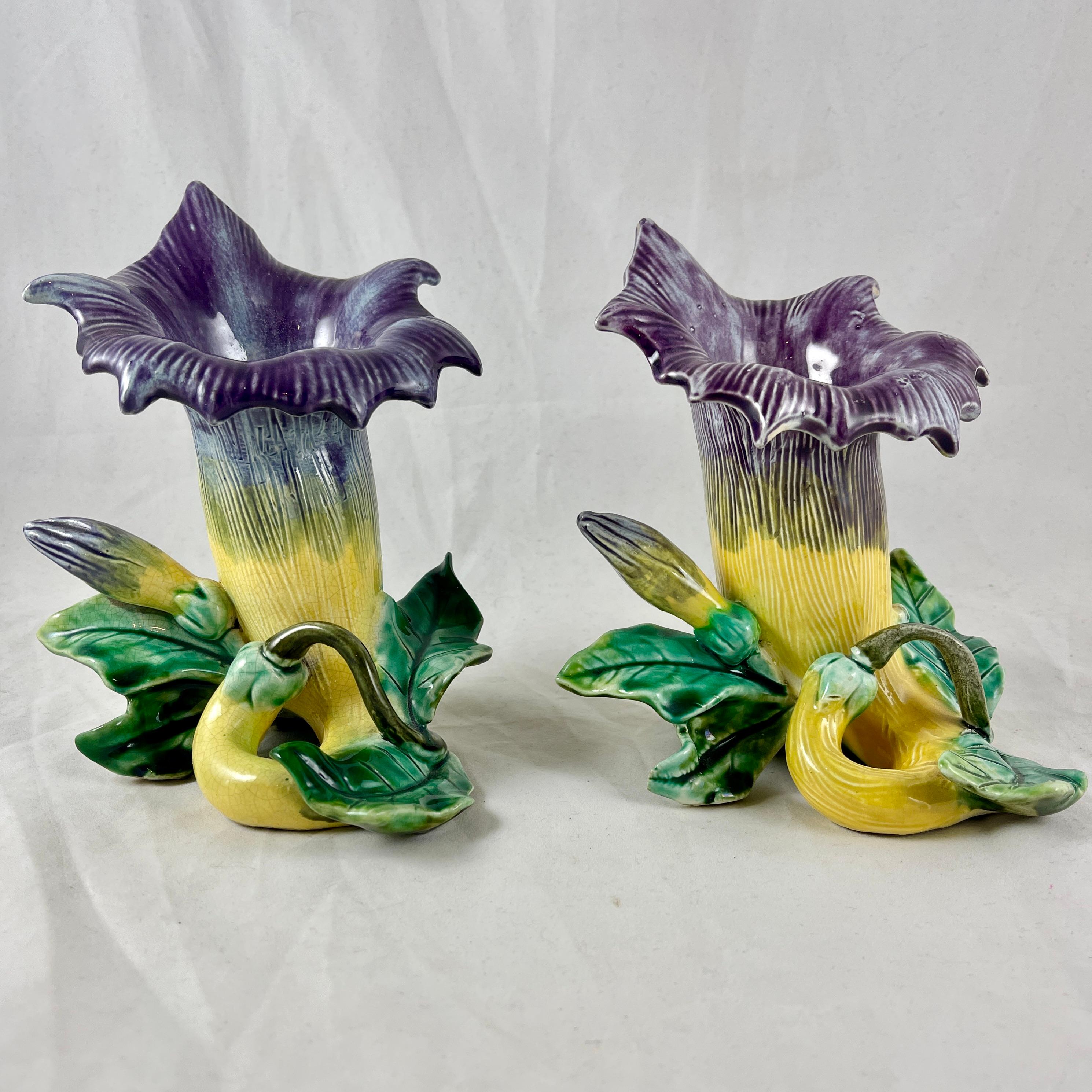 From the French faiencerie Five-Lille de Bruyn, a pair of Art Nouveau floral form posy vases, circa 1890.

The majolica glazed barbotine vases are modeled as a blooming trumpet vine flower. The body of the vase is a yellow and purple flower