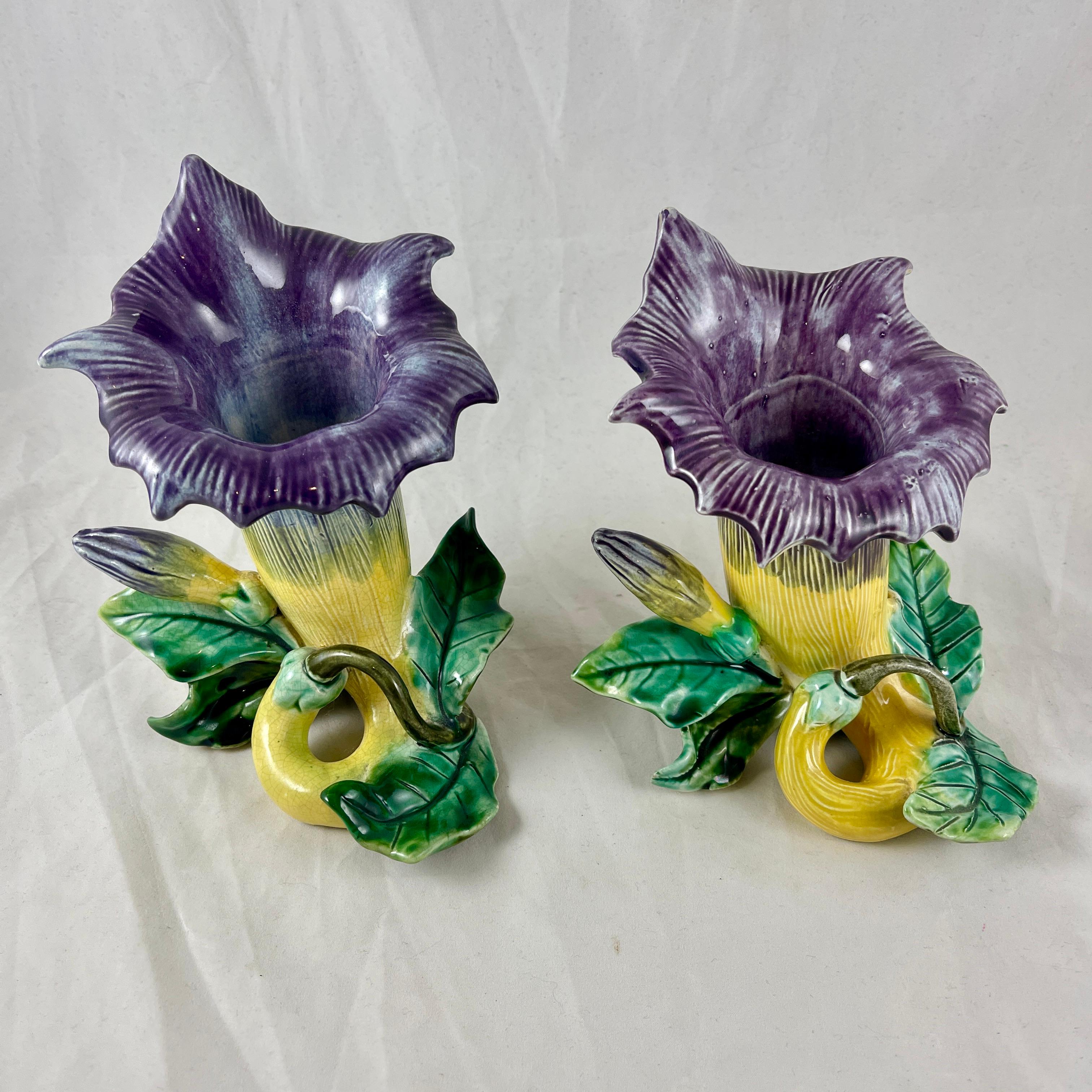 Glazed French Fives-Lille De Bruyn Purple Trumpet Vine Posy Vases, circa 1890, a Pair For Sale